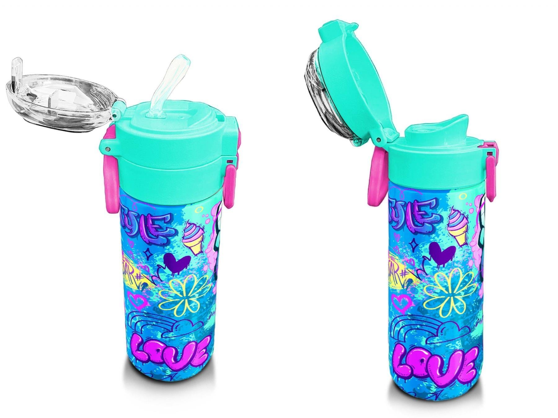 Coral High Kız Çocuk İçin 500 ml'lik Paslanmaz Çelik Termos/Suluk - Lavanta Su Yeşili Grafiti Desenli 31971