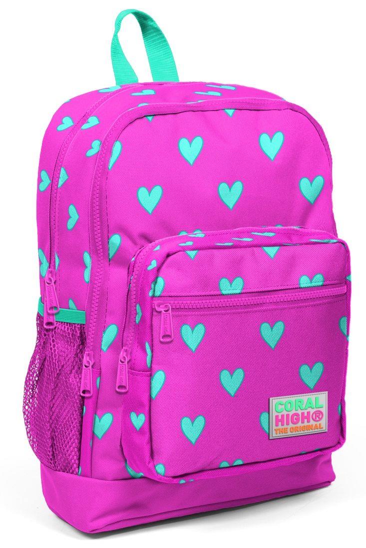 	Coral High Kız Çocuk İlkokul Çantası - Pembe-Yeşil Kalp Desenli