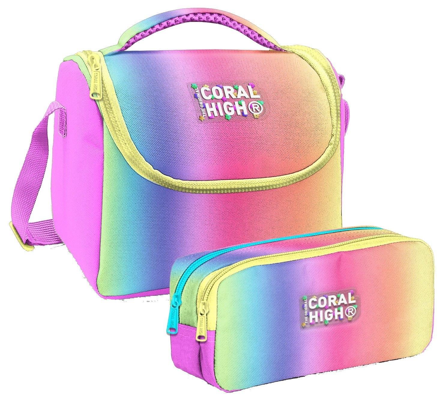 Coral High Kız Çocuk Lacivert Mavi Çizgi Desenli Thermo Beslenme Çantası ve İki  Bölmeli Kalemlik Seti