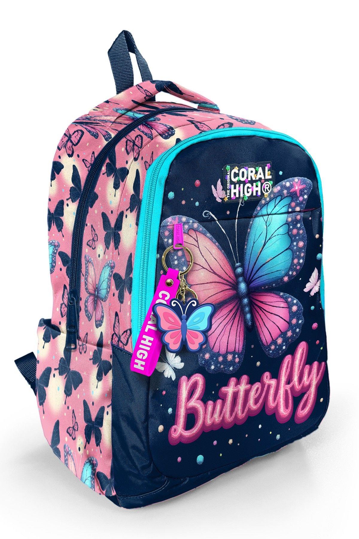 Coral High Kız Çocuk Lacivert Pembe Kelebek Desenli 3 Bölmeli İlkokul ve Ortaokul Çantası - 33249