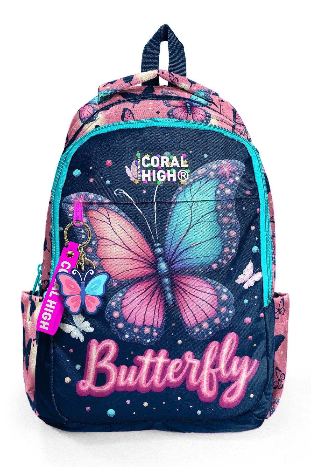 Coral High Kız Çocuk Lacivert Pembe Kelebek Desenli 3 Bölmeli İlkokul ve Ortaokul Çantası - 33249