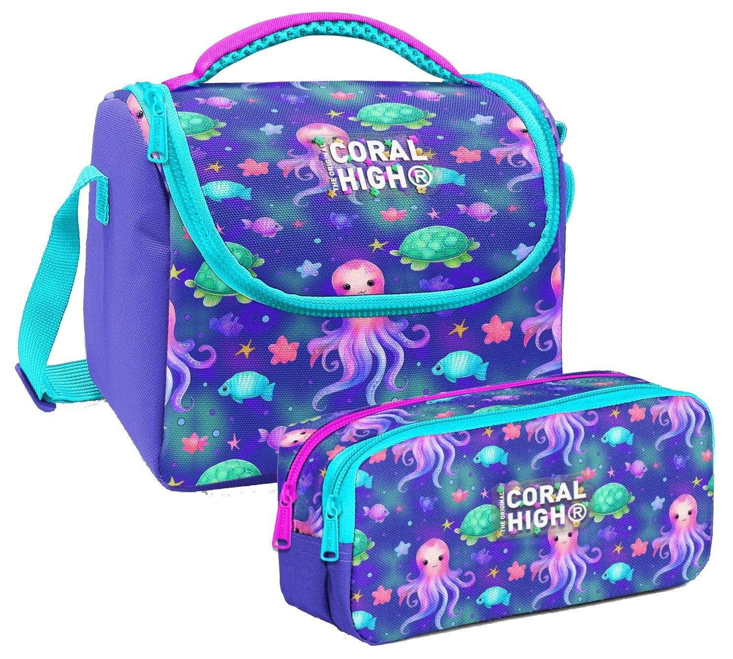 Coral High Kız Çocuk Lavanta Turkuaz Deniz Anası Thermo Beslenme Çantası ve İki Bölmeli Kalemlik Seti