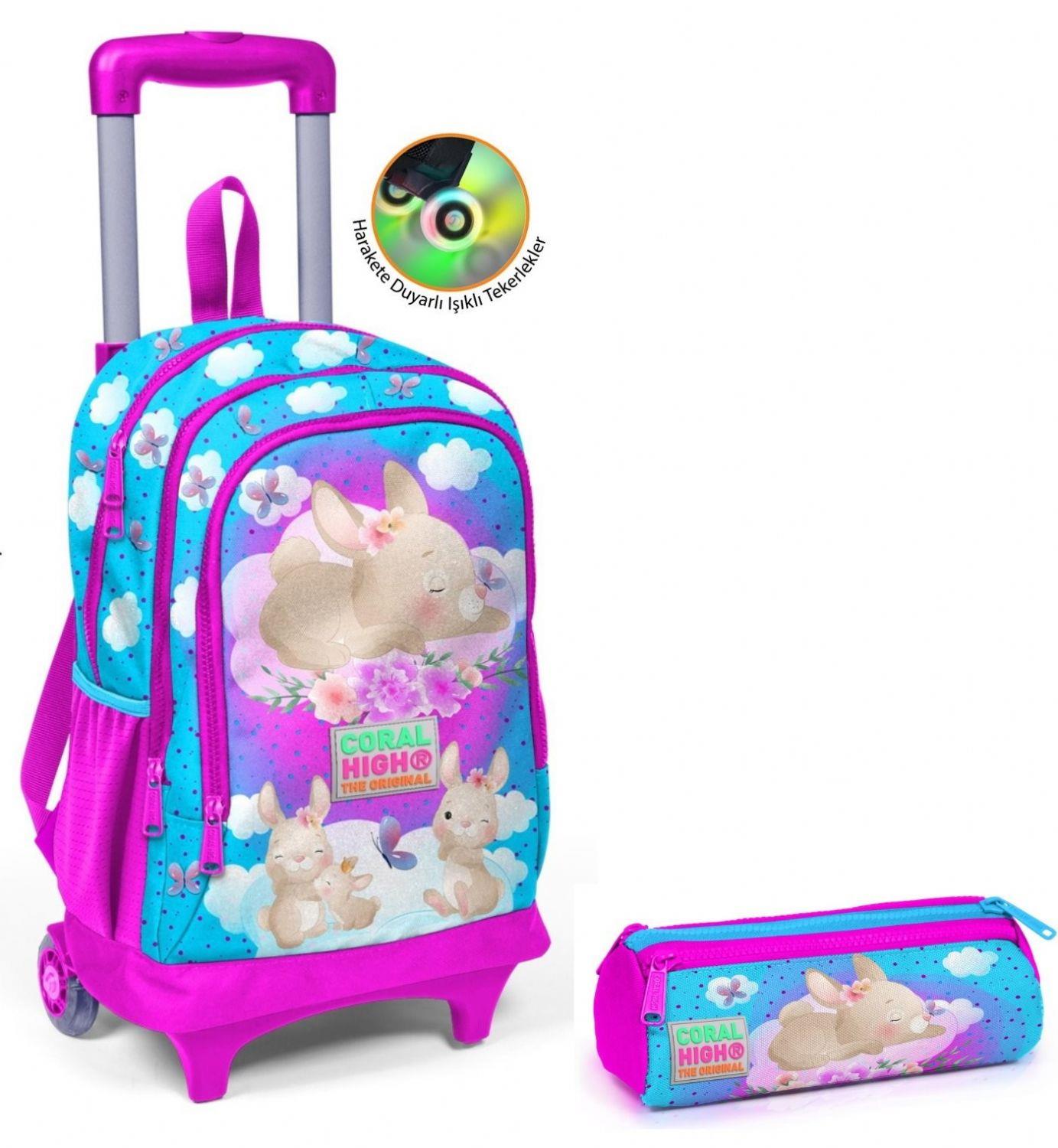 Coral High Kız Çocuk Mavi Pembe Tavşan Tekerlekli Okul Çantası ve Kalemlik Seti