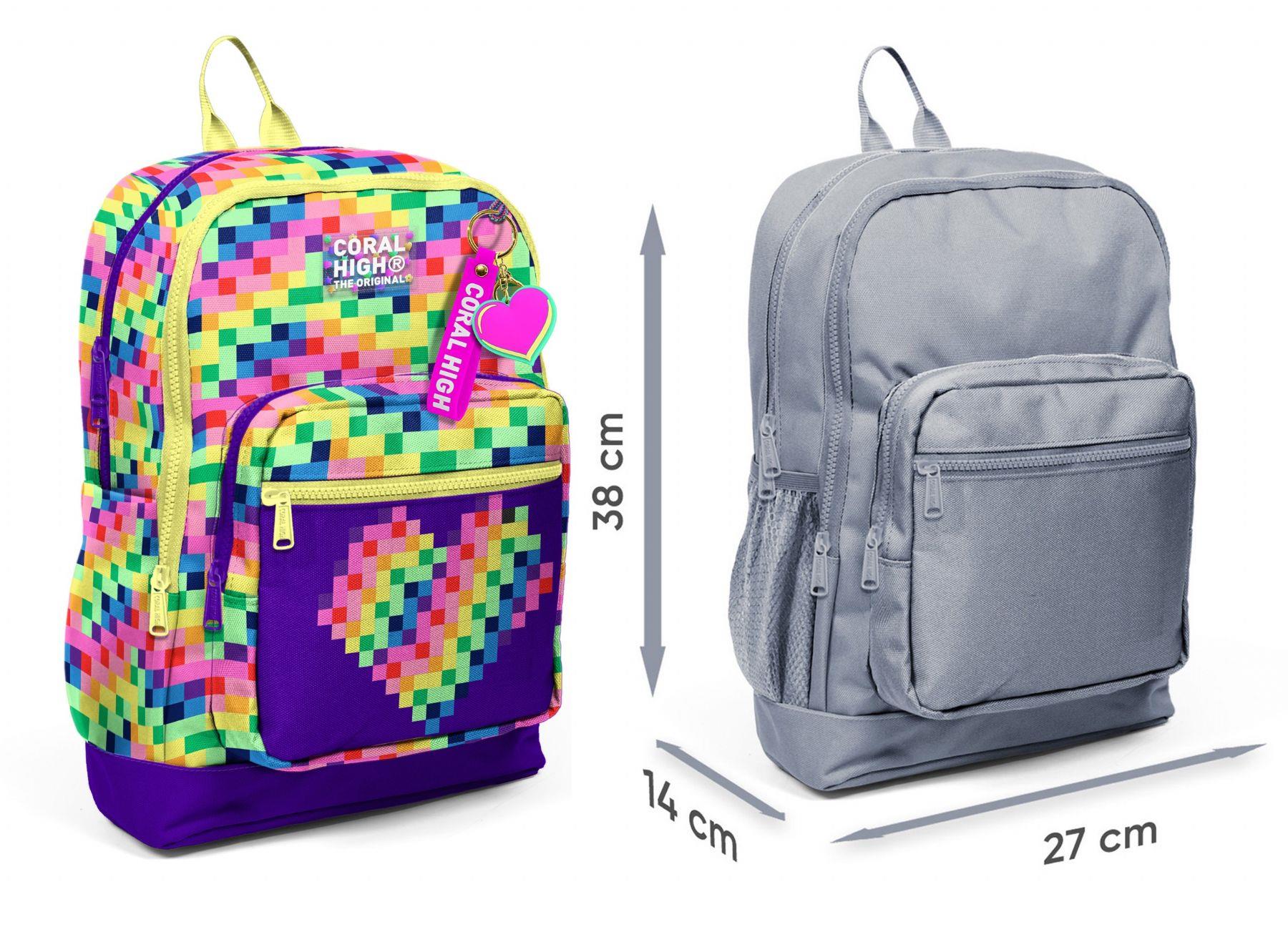 Coral High Kız Çocuk Mor Piksel Kalp Desenli İlkokul Sırt Çantası (Dört Bölme) 33208