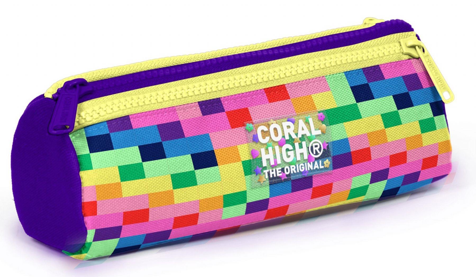 Coral High Kız Çocuk Mor Piksel Kalp Desenli Üç Gözlü Okul Kalem Çantası 31008