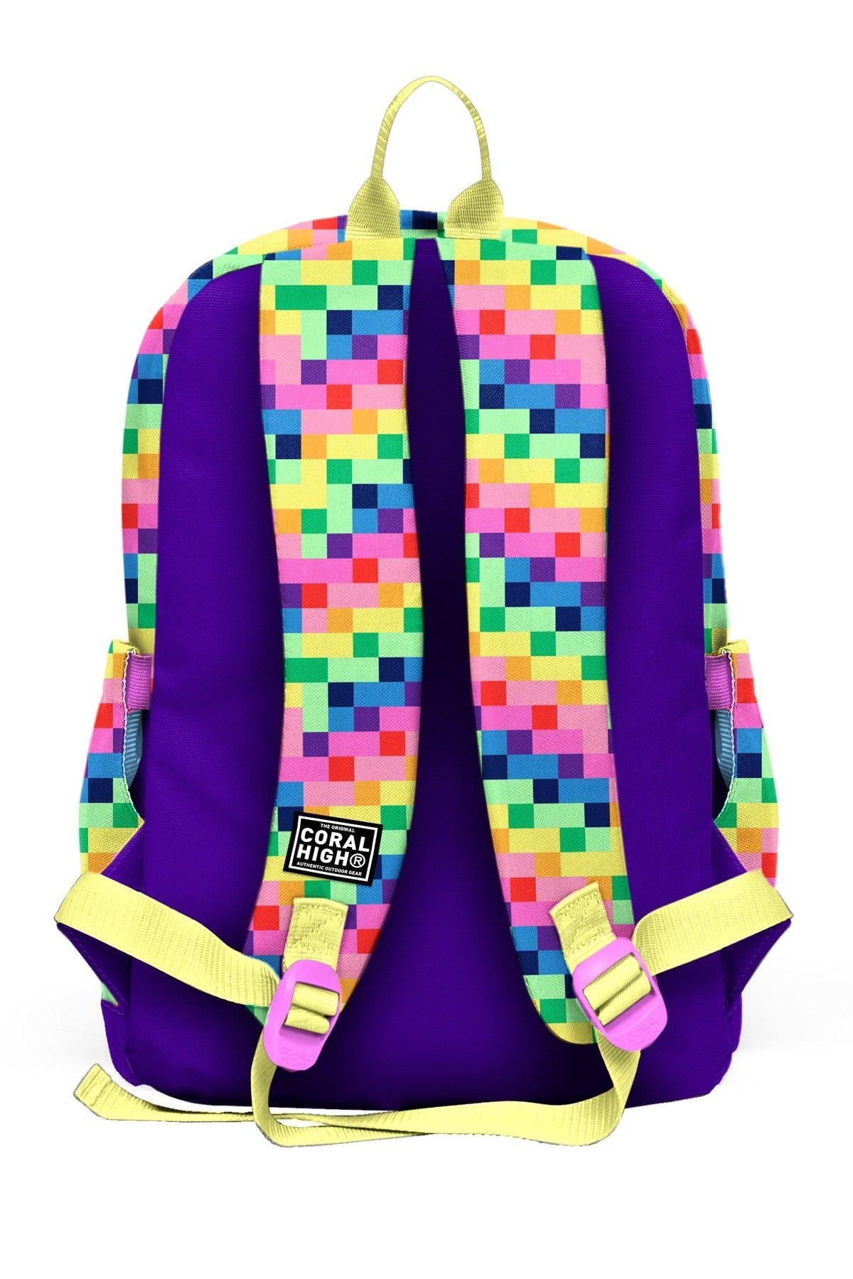 Coral High Kız Çocuk Mor Piksel Kalp Desenli İlkokul Sırt Çantası (Dört Bölme) 33208