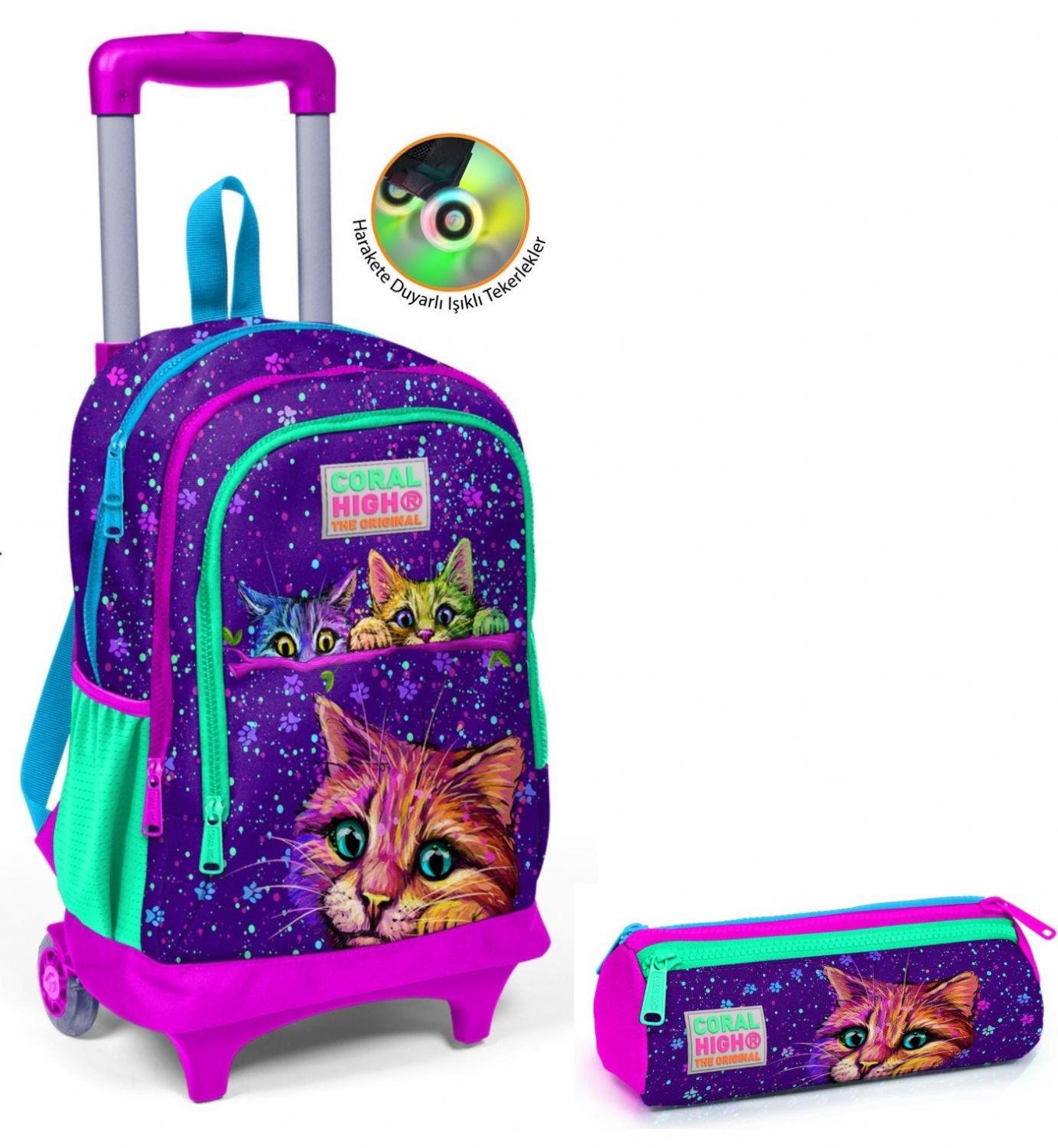 Coral High Kız Çocuk Mor Sevimli Kediler Tekerlekli Okul Çantası ve Kalemlik Seti