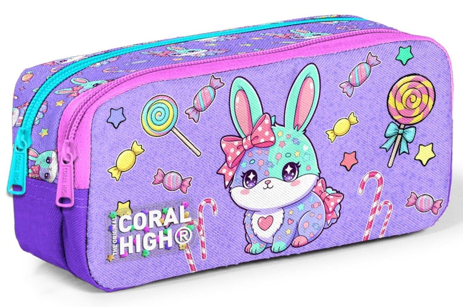 Coral High Kız Çocuk Mor Sevimli Tavşan Baskılı İki Bölmeli Kalem Çantası/Kalemlik 31055