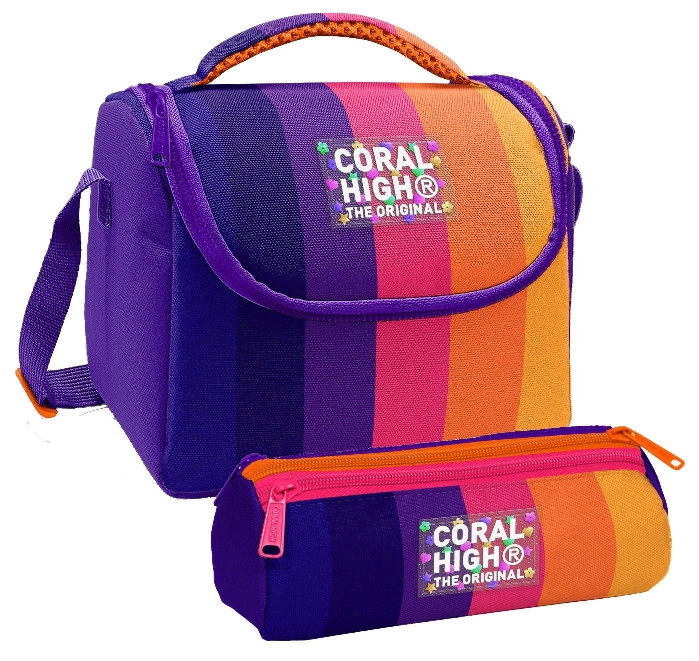 Coral High Kız Çocuk Mor Turuncu Renkli Çizgili Thermo Beslenme Çantası ve Üç Bölmeli Kalemlik Seti