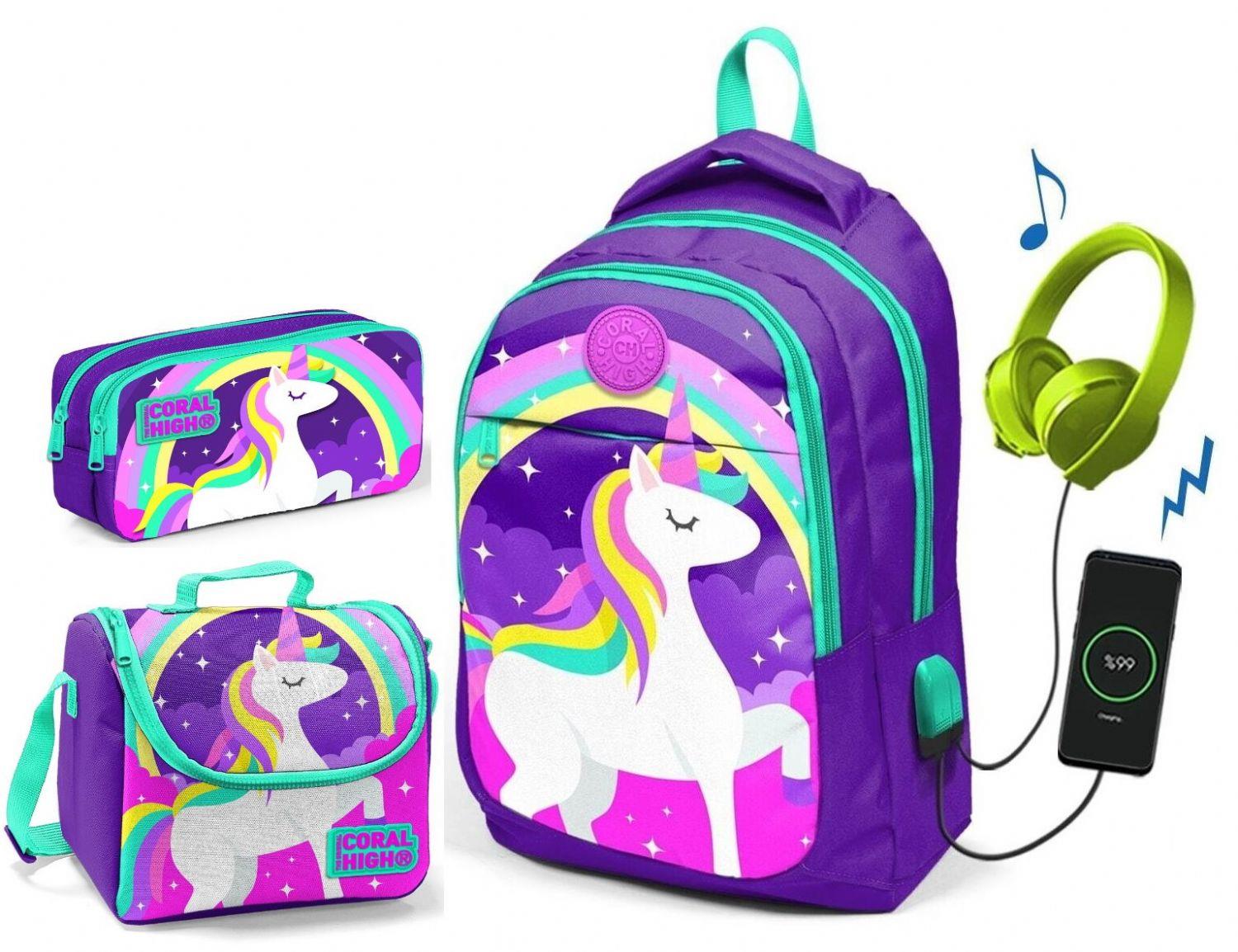 Coral High Kız Çocuk Mor Unicorn 3'lü Çanta Takımı - USB Soketli