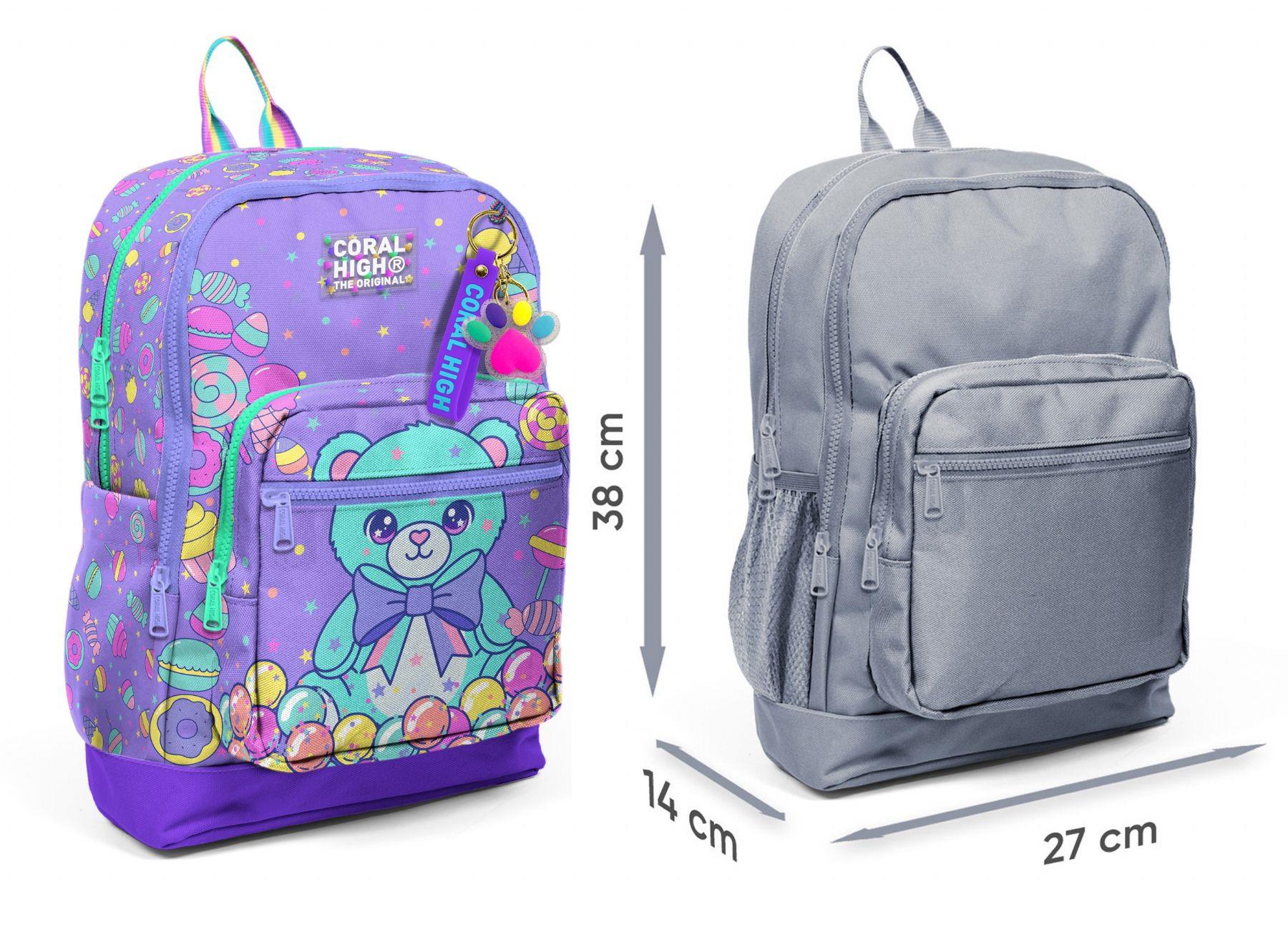 Coral High Kız Çocuk Mor Yeşil Ayıcık Desenli İlkokul Sırt Çantası (Dört Bölme) 33205