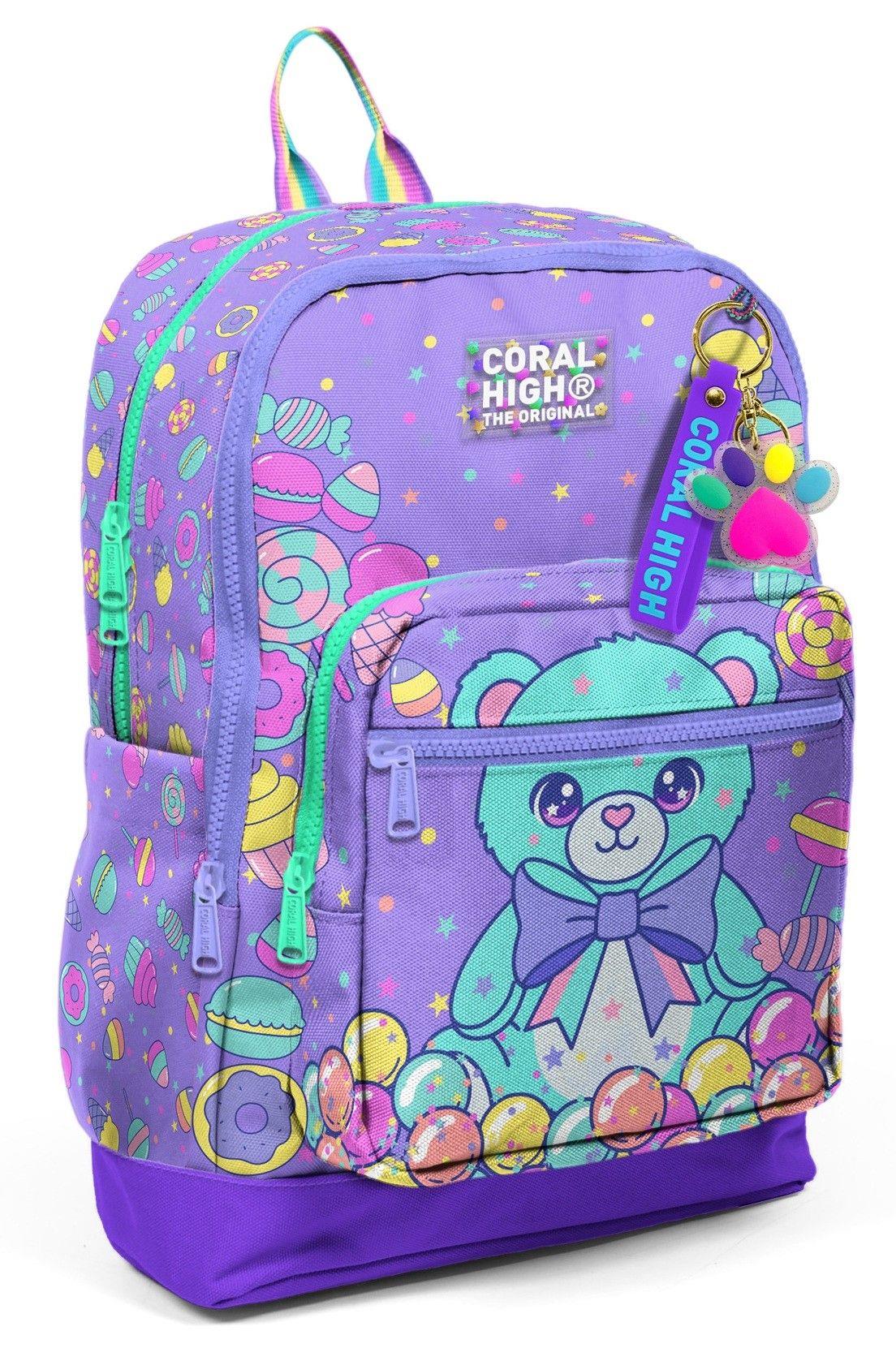 Coral High Kız Çocuk Mor Yeşil Ayıcık Desenli İlkokul Sırt Çantası (Dört Bölme) 33205
