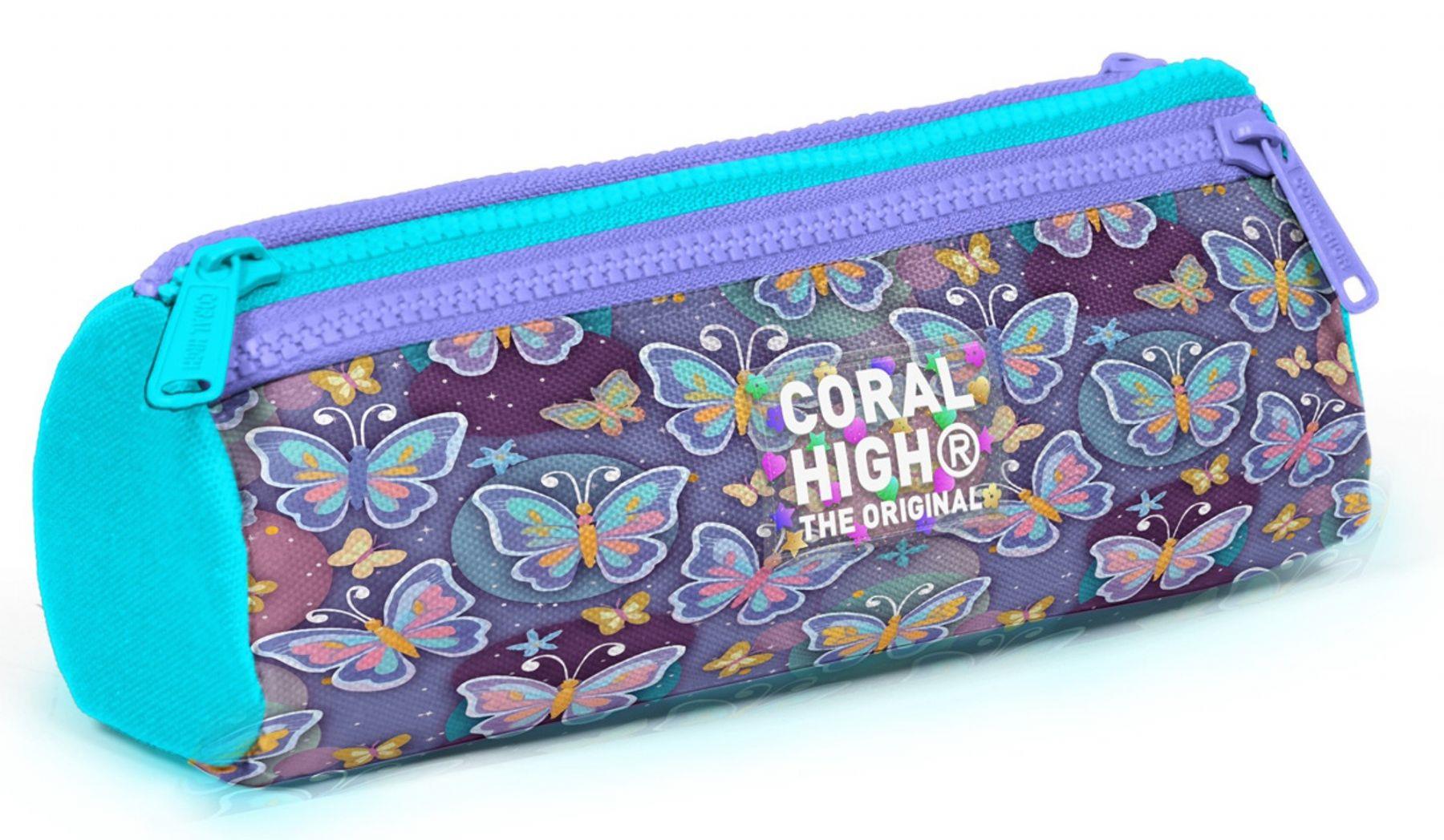 Coral High Kız Çocuk Pastel Renkli Kelebek Desenli Üç Gözlü Okul Kalem Çantası 31006
