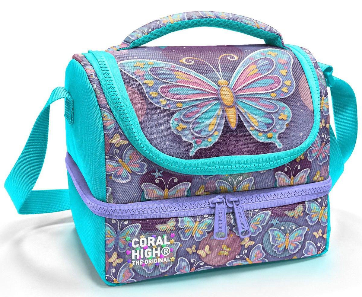 Coral High Kız Çocuk Pastel Renkli Kelebek Desenli İki Katlı Okul Beslenme Çantası 37203