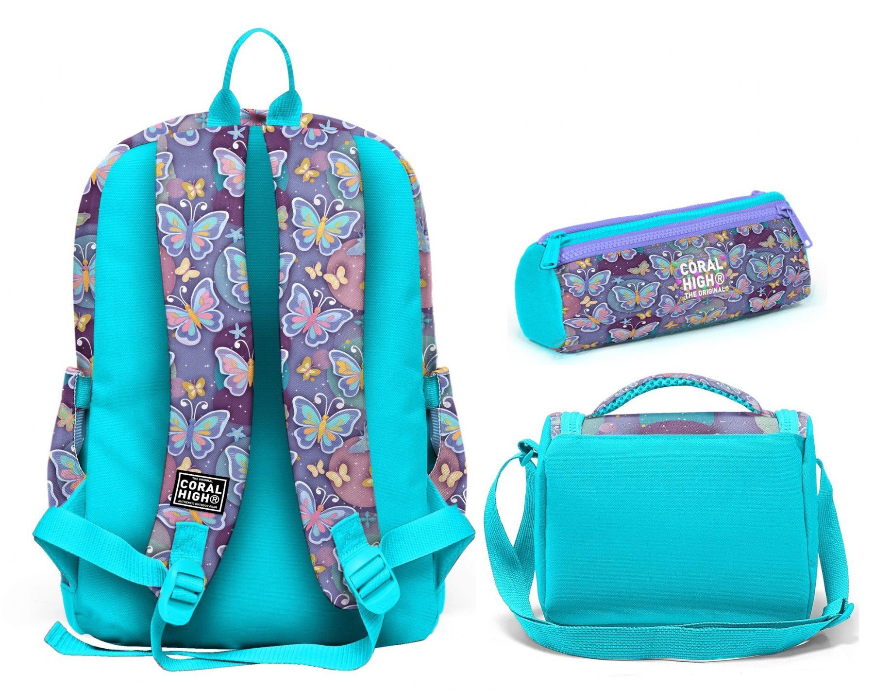 Coral High Kız Çocuk Pastel Renkli Kelebek Desenli Üçlü İlkokul Okul Çanta Seti SETYGN33206A