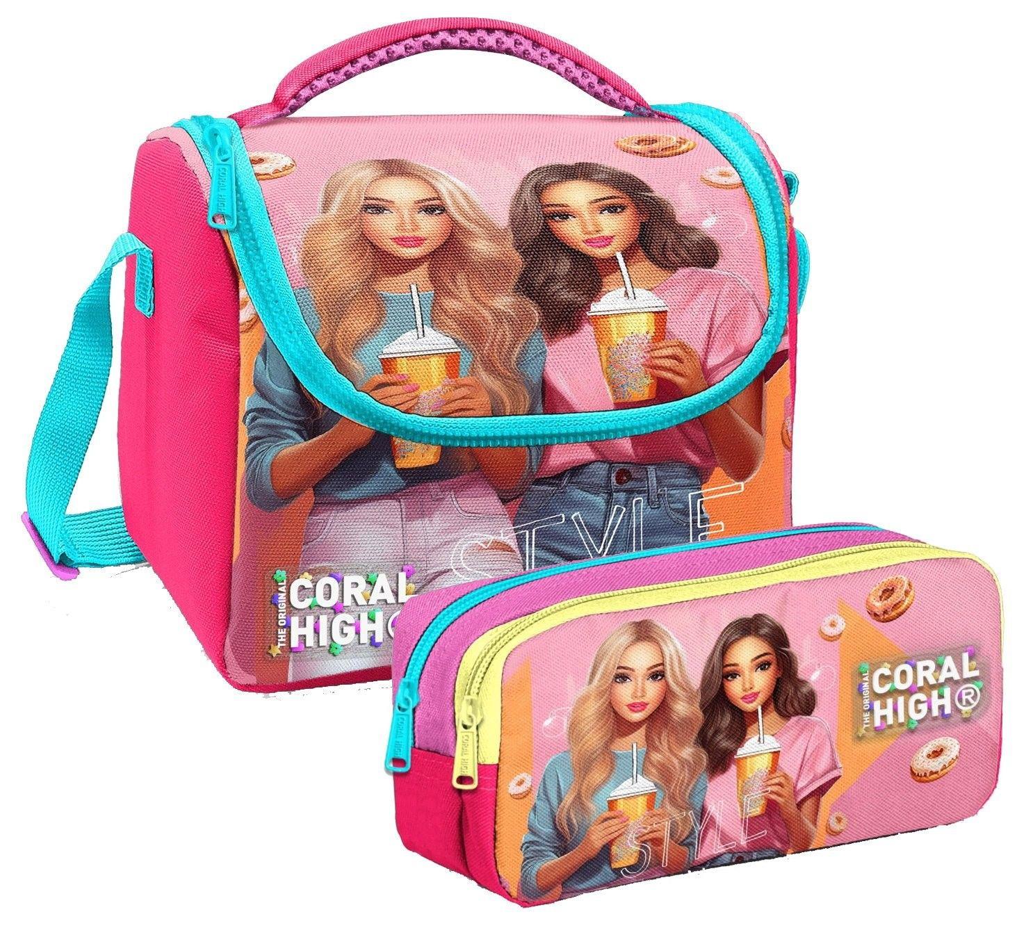 Coral High Kız Çocuk Pembe Kırmızı Fashion Girl Thermo Beslenme Çantası ve İki  Bölmeli Kalemlik Seti