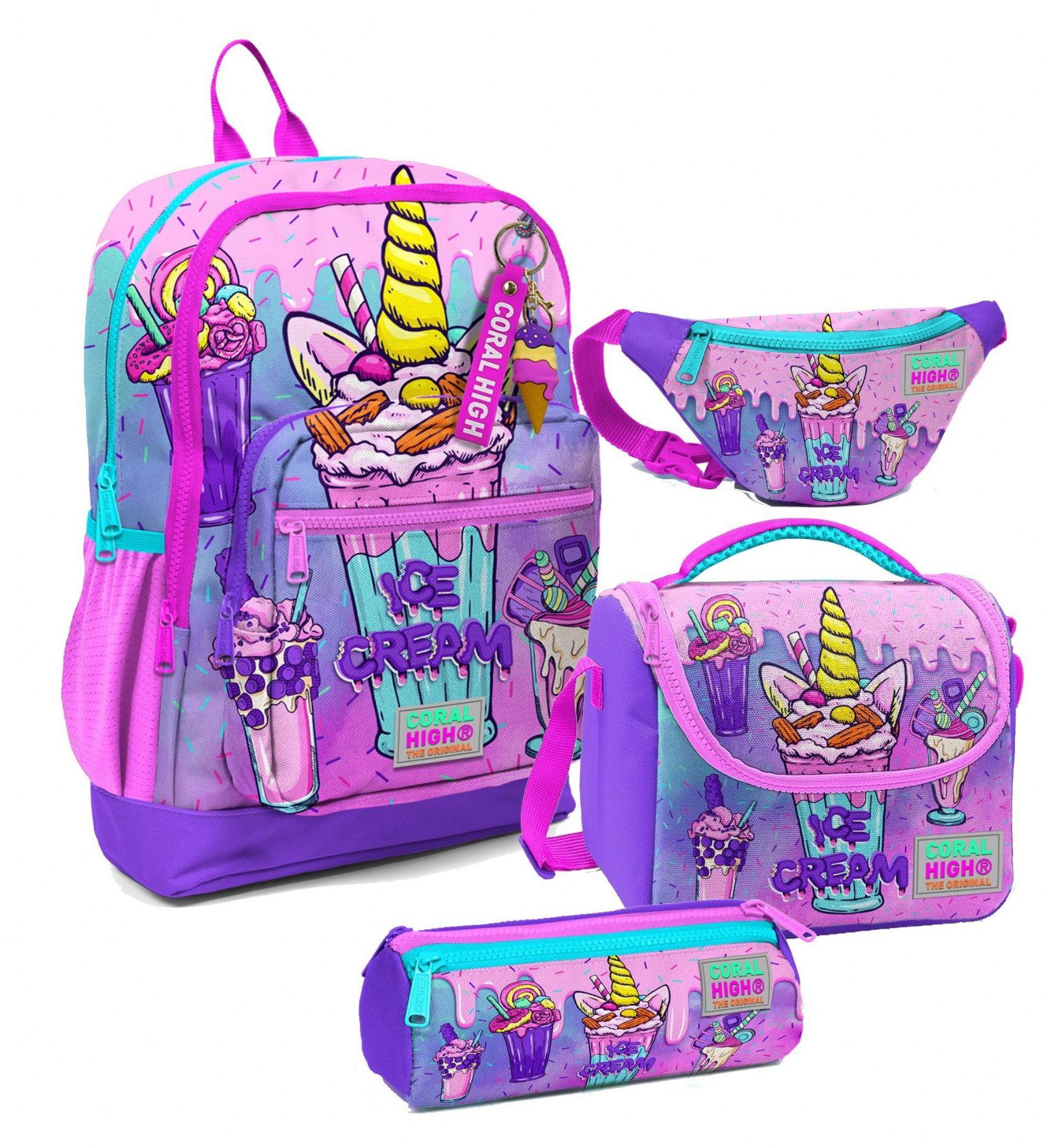 Coral High Kız Çocuk Pembe Mor Dondurma Desenli İlkokul Okul Çanta Seti ve Bel Çantası
