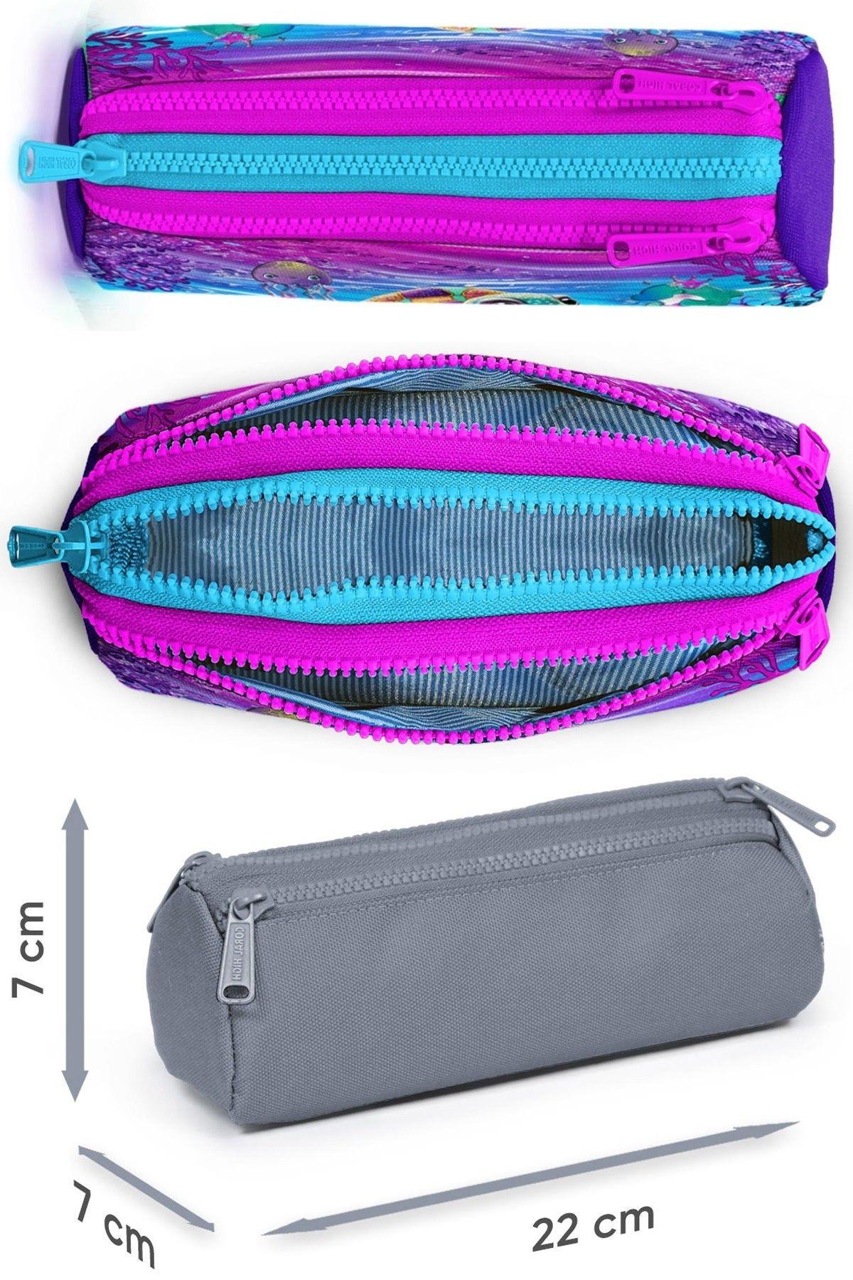 Coral High Kız Çocuk Pembe Mor Kaplumbağa Desenli İlkokul Okul Çanta Seti ve Bel Çantası