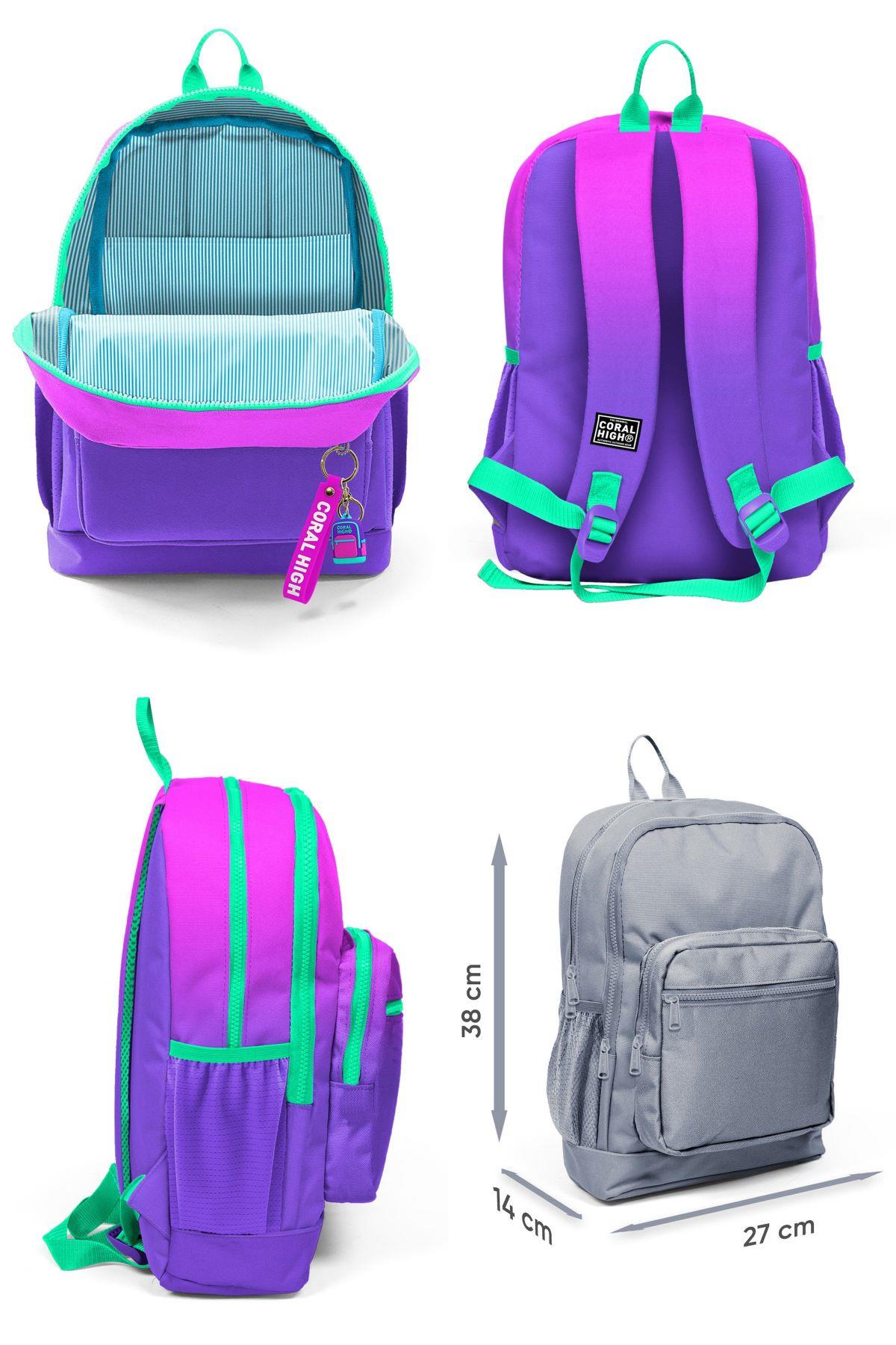 Coral High Kız Çocuk Pembe Mor Renk Geçişli Desenli Beşli İlkokul Okul Çanta Seti