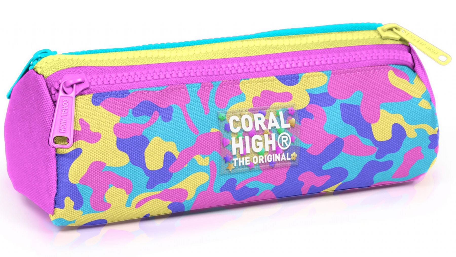 Coral High Kız Çocuk Pembe Sarı Kamuflaj Üç Gözlü Okul Kalem Çantası 31001