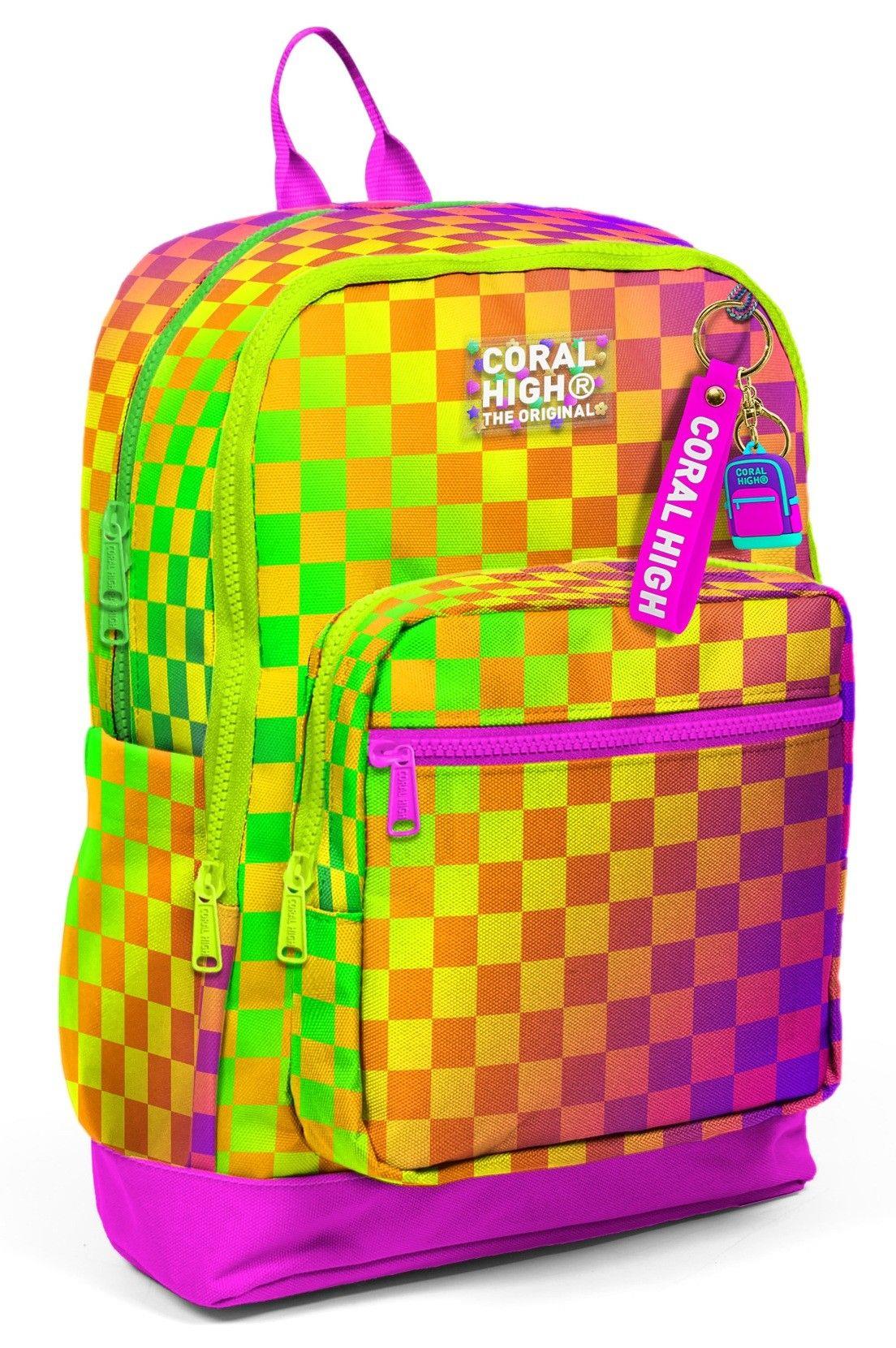 Coral High Kız Çocuk Sarı Mor Dama Desenli İlkokul Sırt Çantası (Dört Bölme) 33203