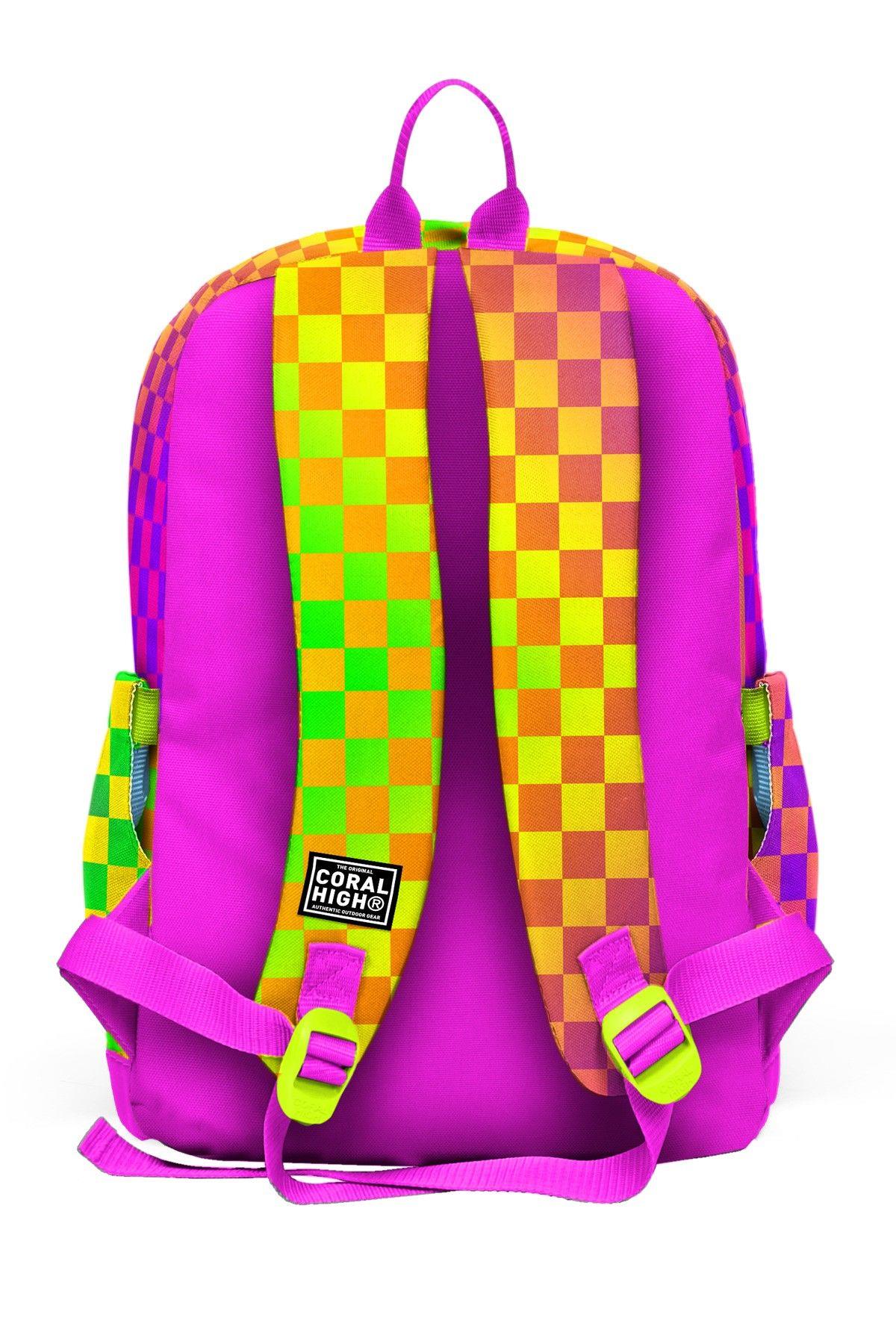 Coral High Kız Çocuk Sarı Mor Dama Desenli İlkokul Sırt Çantası (Dört Bölme) 33203