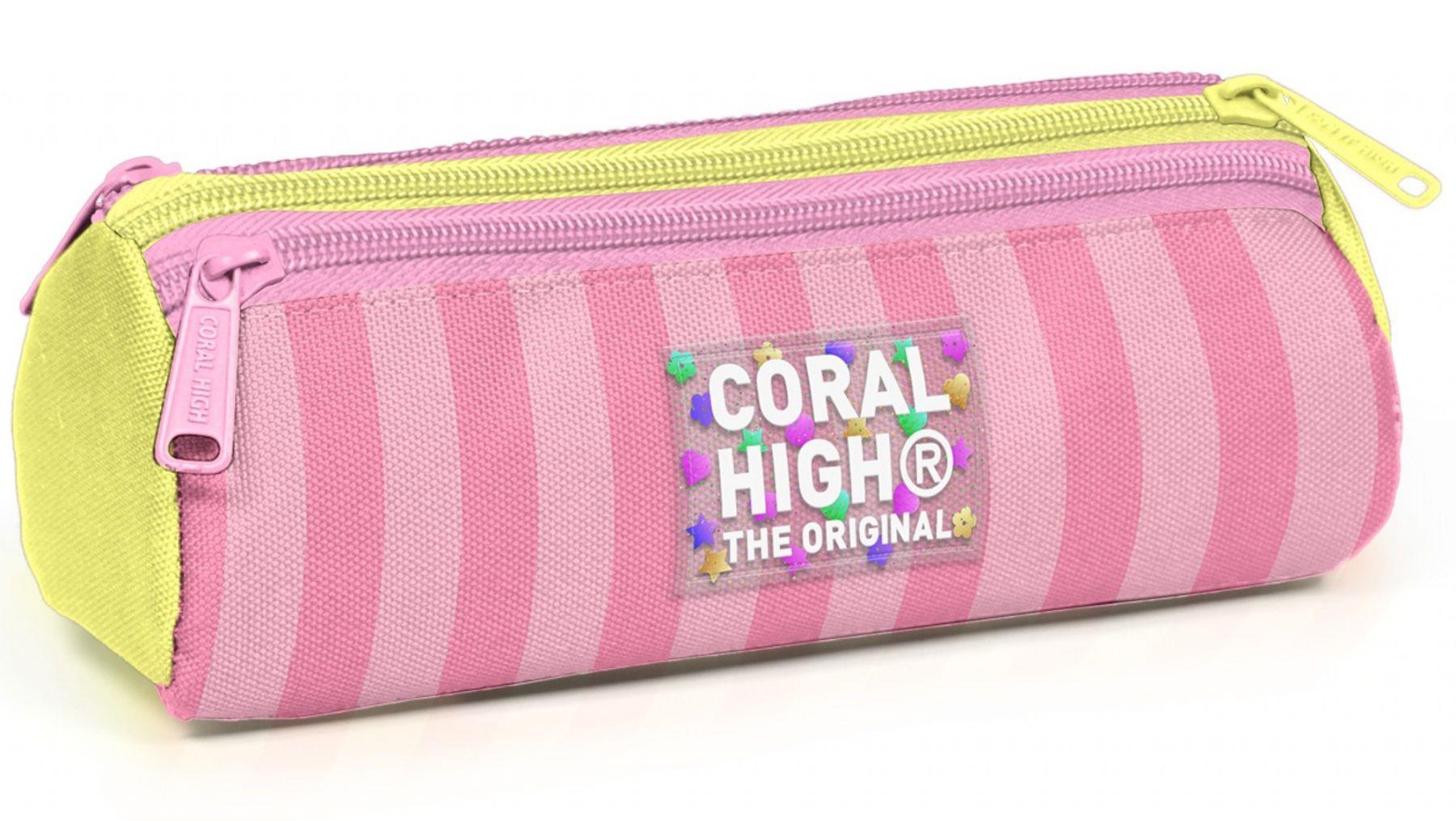 Coral High Kız Çocuk Sarı Pembe Çizgi Desenli Üç Gözlü Okul Kalem Çantası 31023