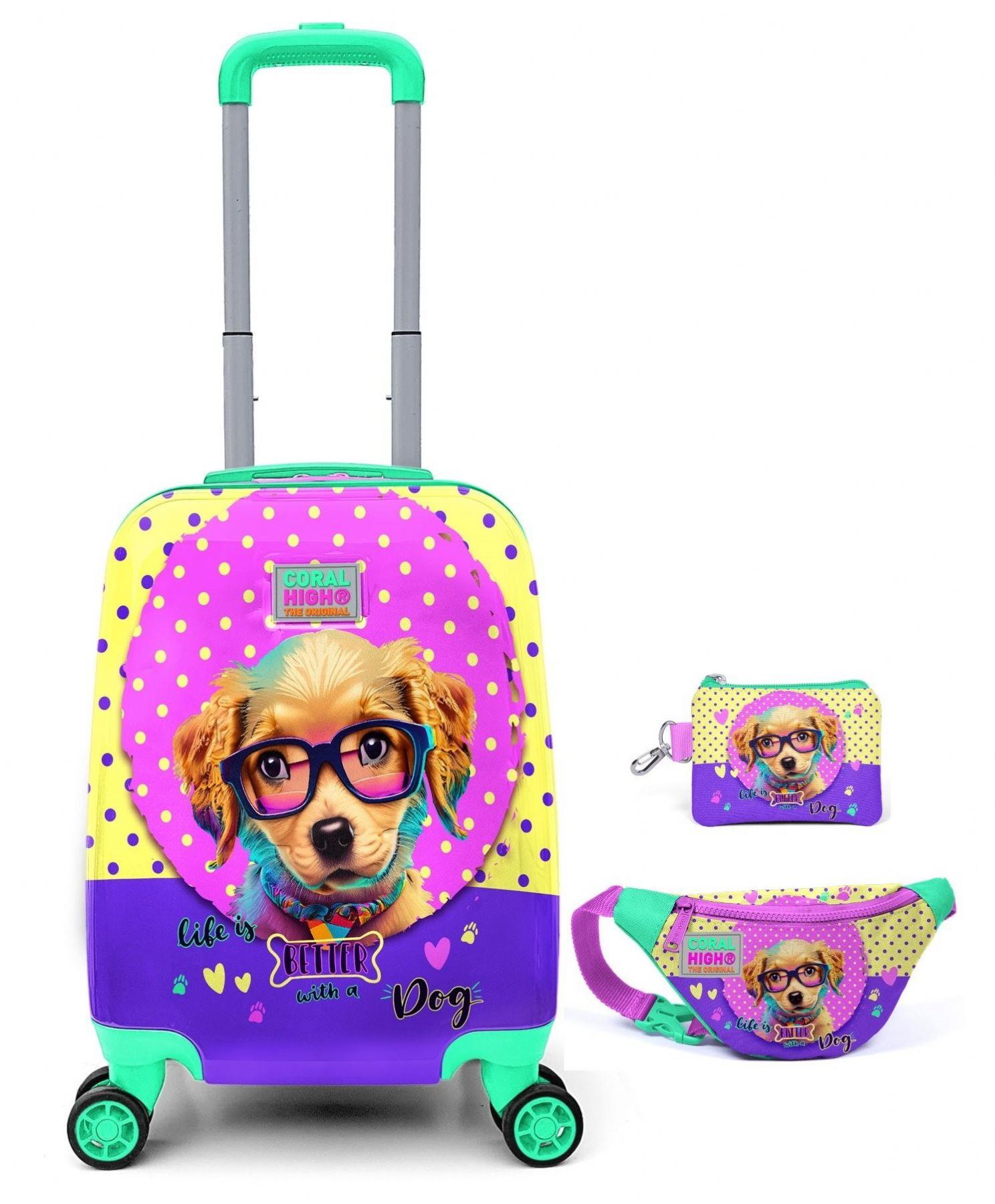 Coral High Kız Çocuk Sarı Pembe Köpek Desenli Valiz Bel Çantası ve Bozuk Para Çantası Seti