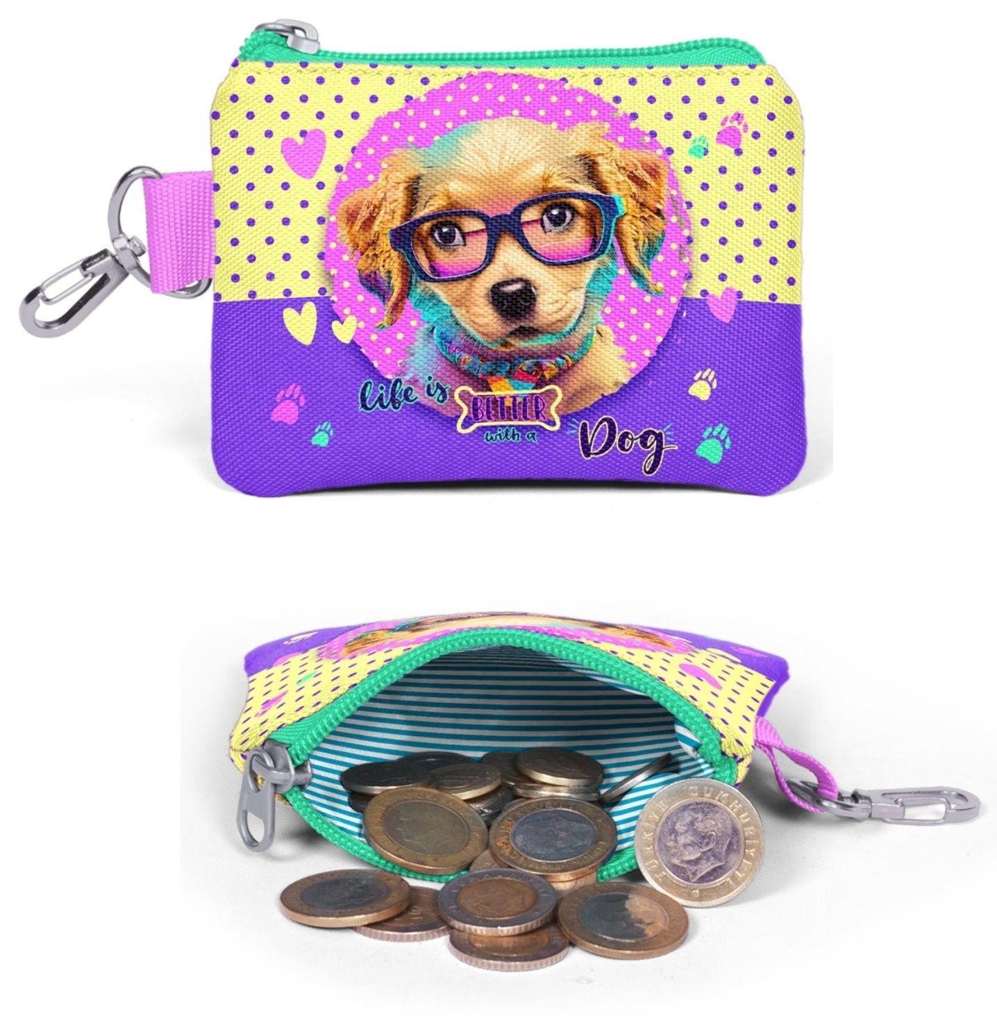 Coral High Kız Çocuk Sarı Pembe Köpek Desenli Valiz Bel Çantası ve Bozuk Para Çantası Seti