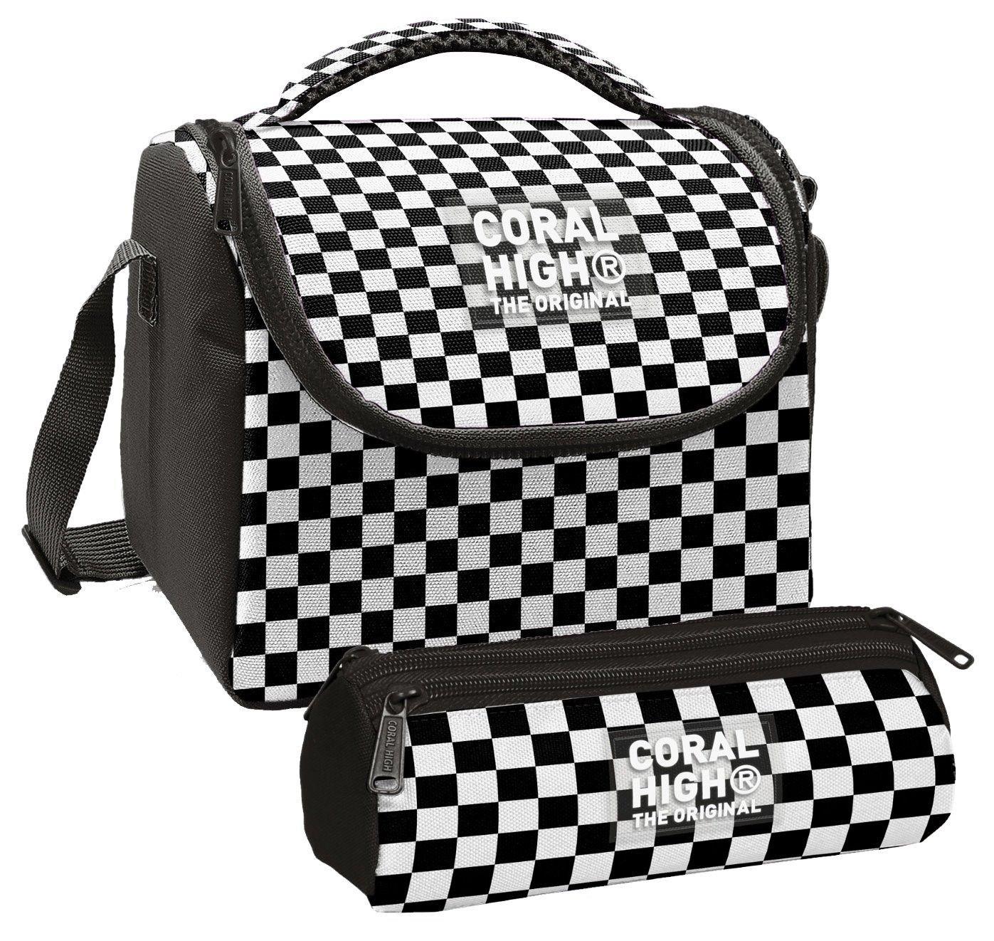 Coral High Kız Çocuk Siyah Beyaz Damalı Thermo Beslenme Çantası ve Üç Bölmeli Kalemlik Seti