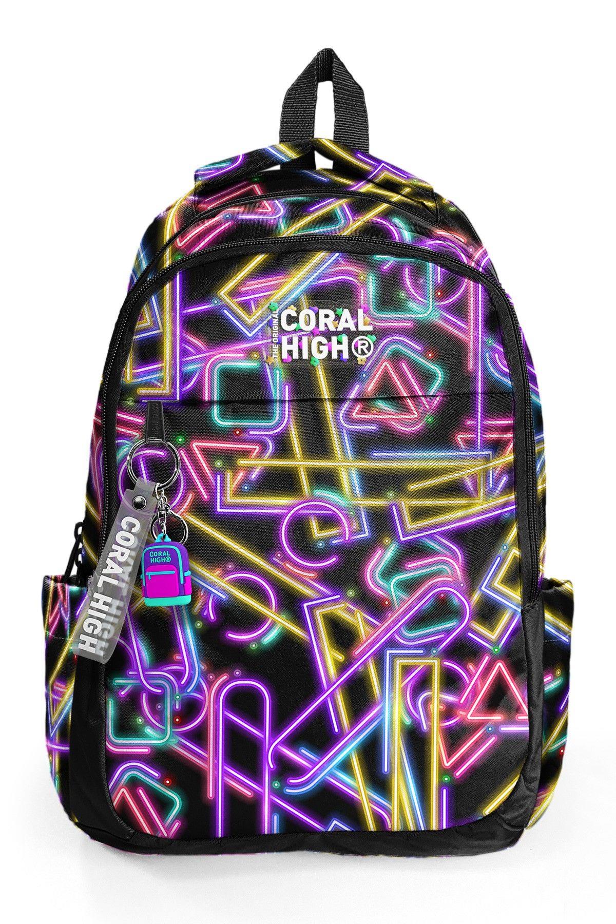 Coral High Kız Çocuk Siyah Çok Renkli Neon Desenli 3 Bölmeli İlkokul ve Ortaokul Çantası - 33248