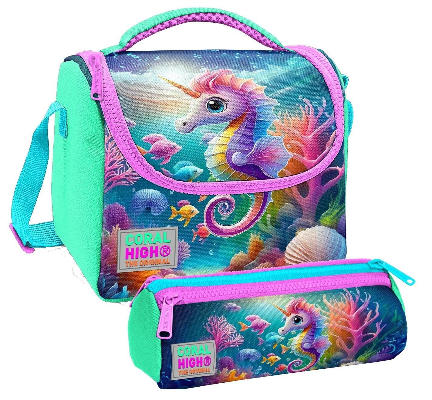 Coral High Kız Çocuk Su Yeşili Denizatı Thermo Beslenme Çantası ve Üç Bölmeli Kalemlik Seti