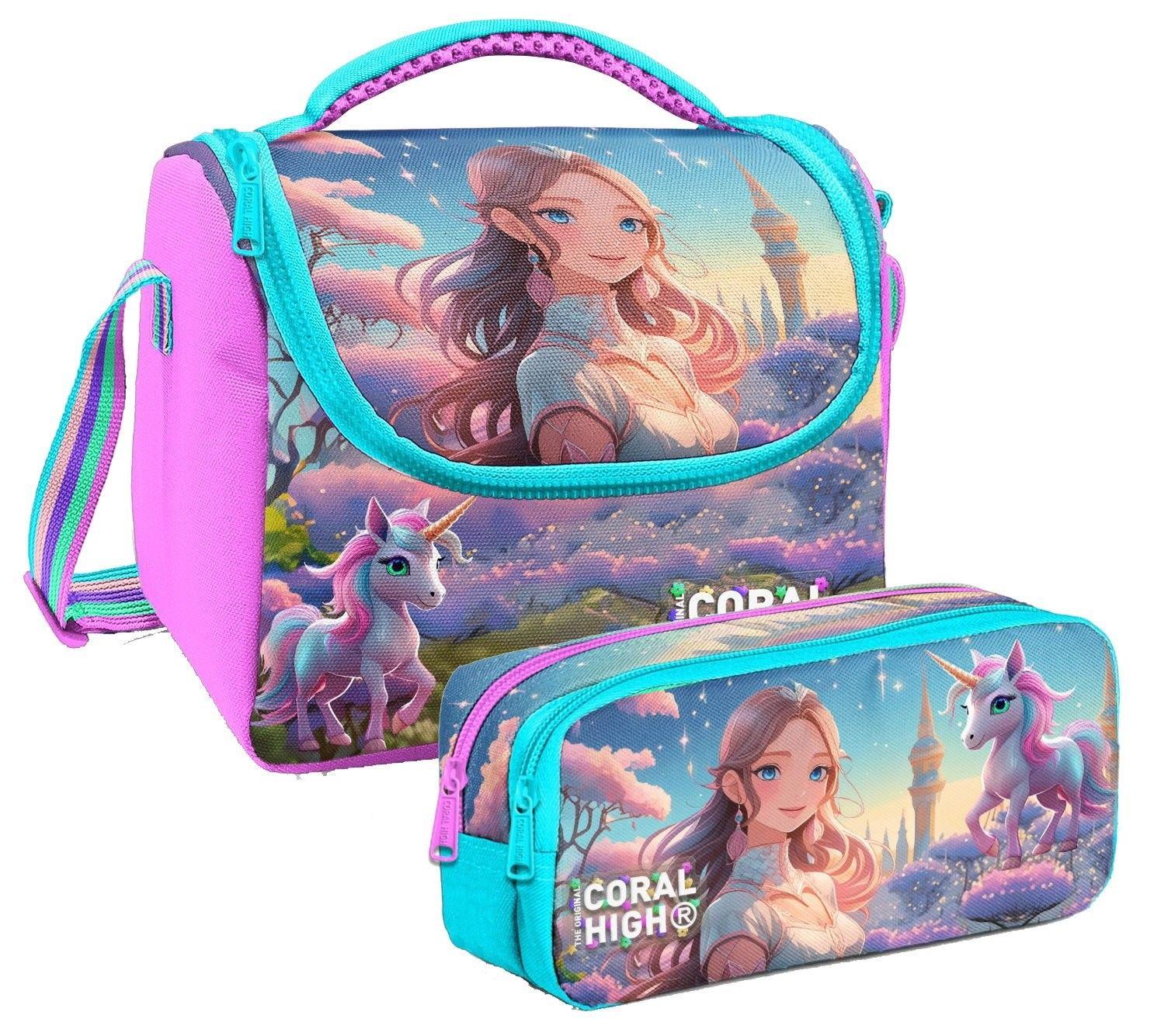 Coral High Kız Çocuk Turkuaz Pembe Anime Kız Thermo Beslenme Çantası ve İki Bölmeli Kalemlik Seti