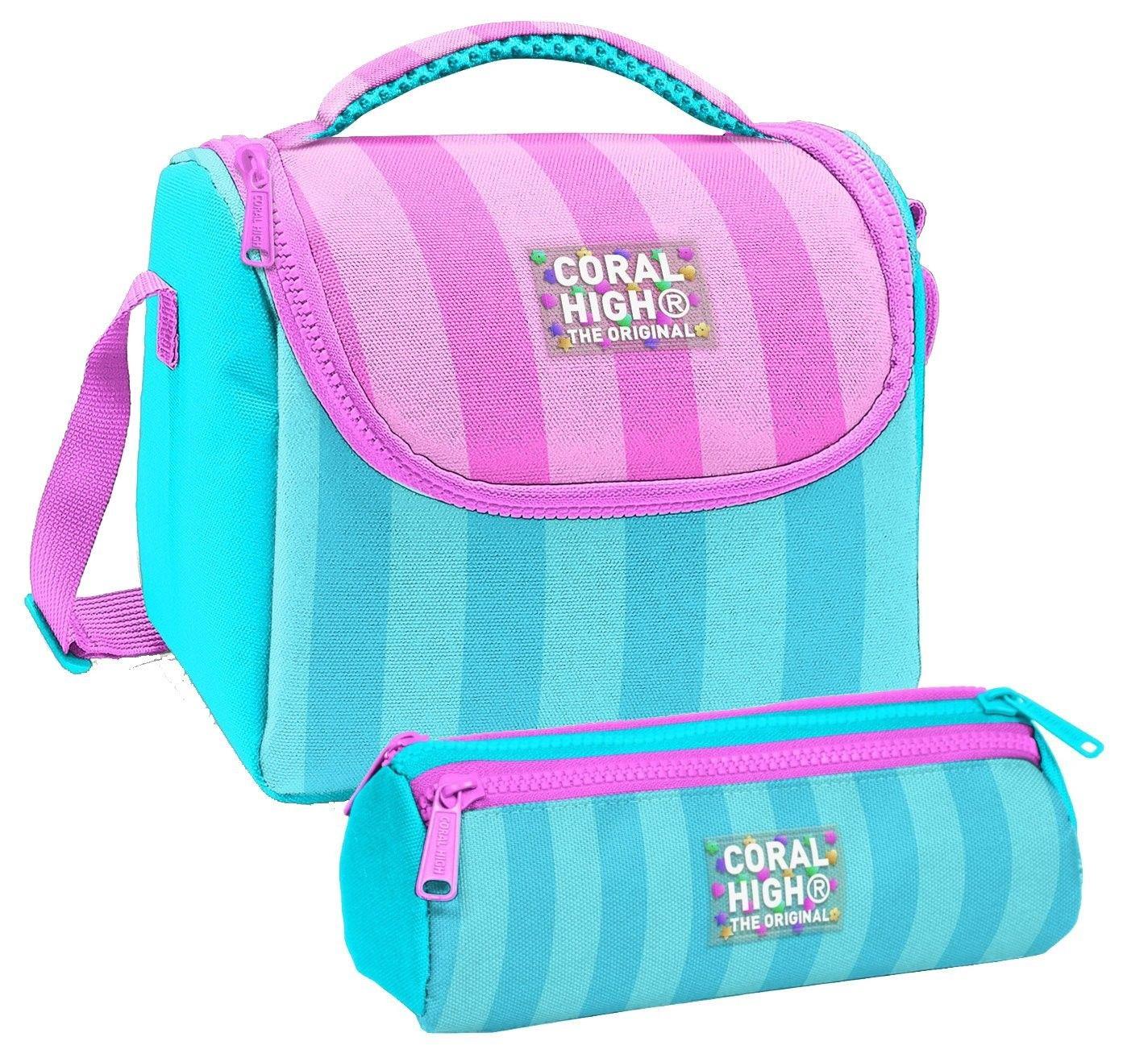 Coral High Kız Çocuk Turkuaz Pembe Çizgili Thermo Beslenme Çantası ve Üç Bölmeli Kalemlik Seti