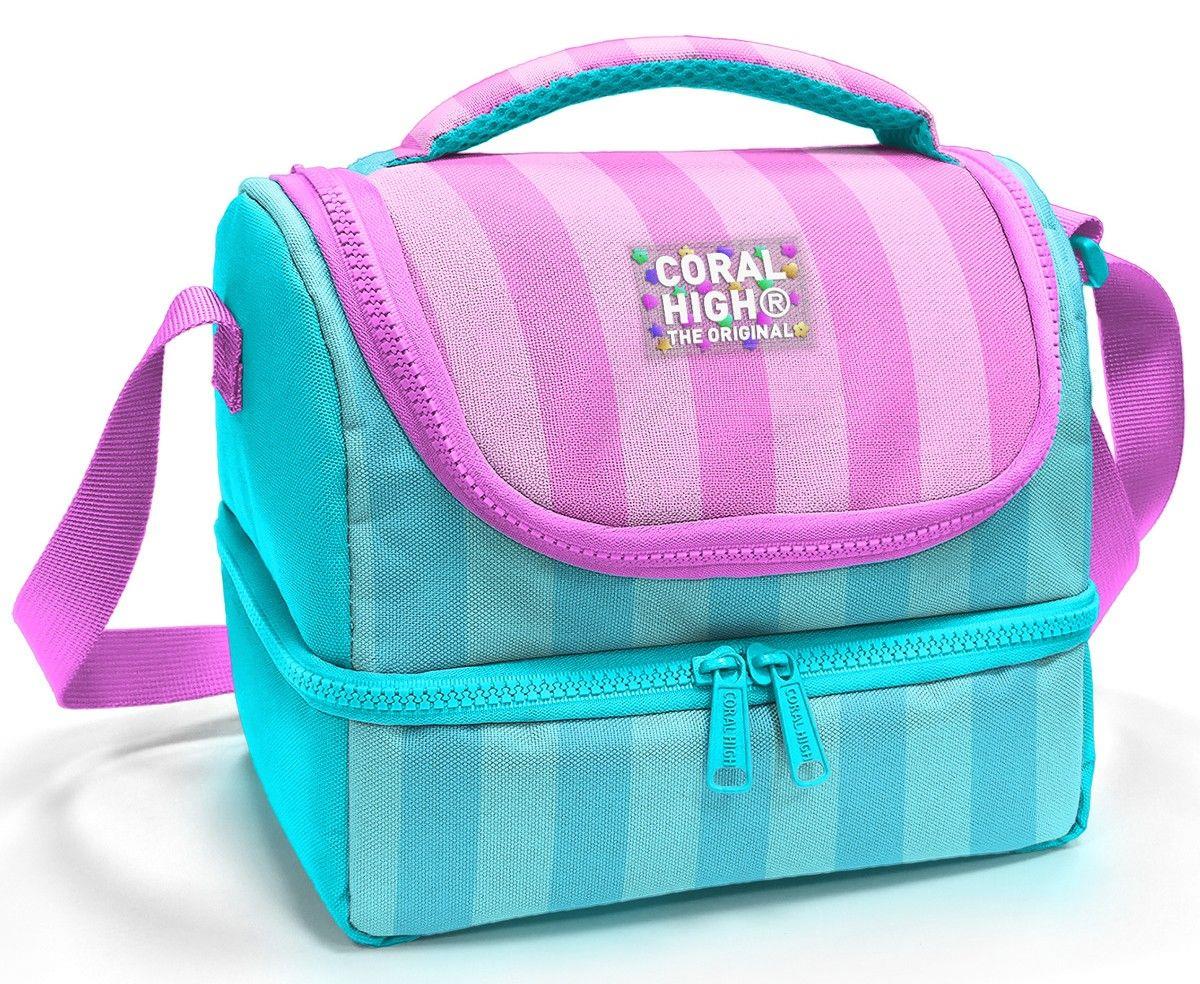 Coral High Kız Çocuk Turkuaz Pembe Çizgi Desenli İki Katlı Okul Beslenme Çantası 37213