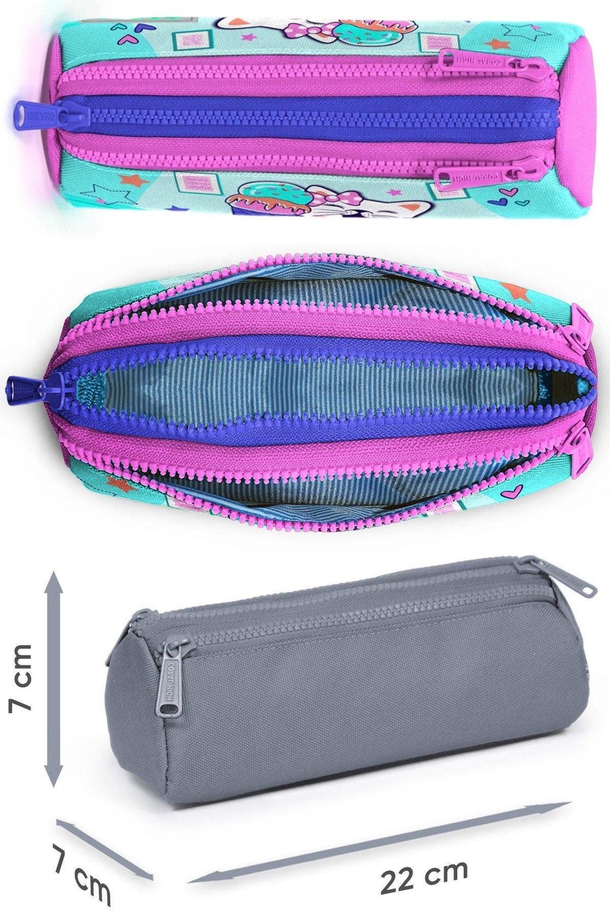 Coral High Kız Çocuk Turkuaz Pembe Dondurmalı Kedi Desenli Beşli İlkokul Okul Çanta Seti