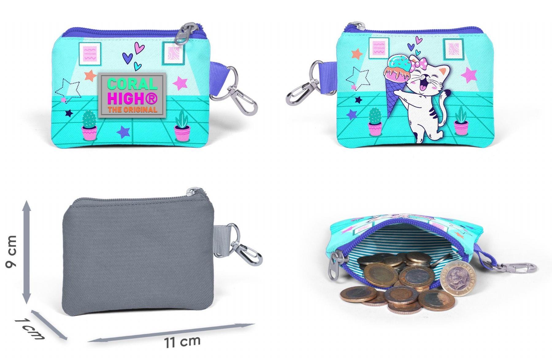 Coral High Kız Çocuk Turkuaz Pembe Dondurmalı Kedi Desenli Beşli İlkokul Okul Çanta Seti