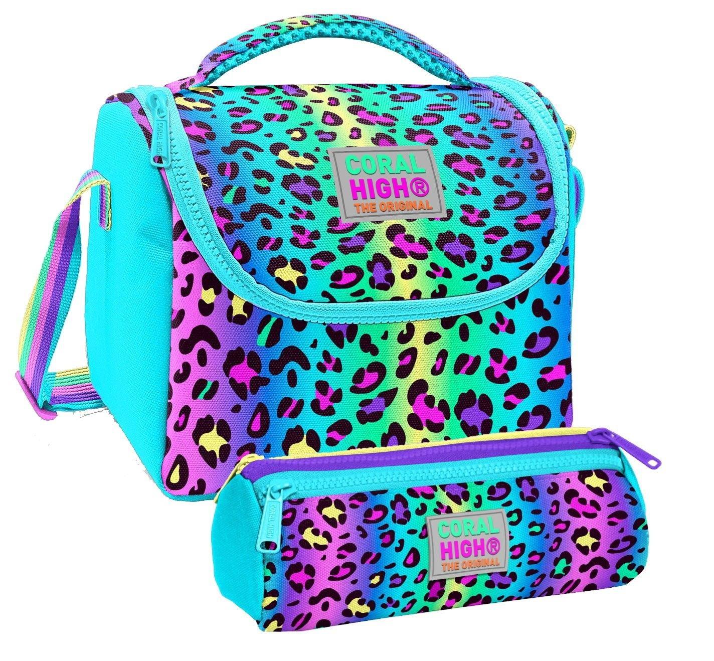 Coral High Kız Çocuk Yeşil Mor Leopar Thermo Beslenme Çantası ve Üç Bölmeli Kalemlik Seti