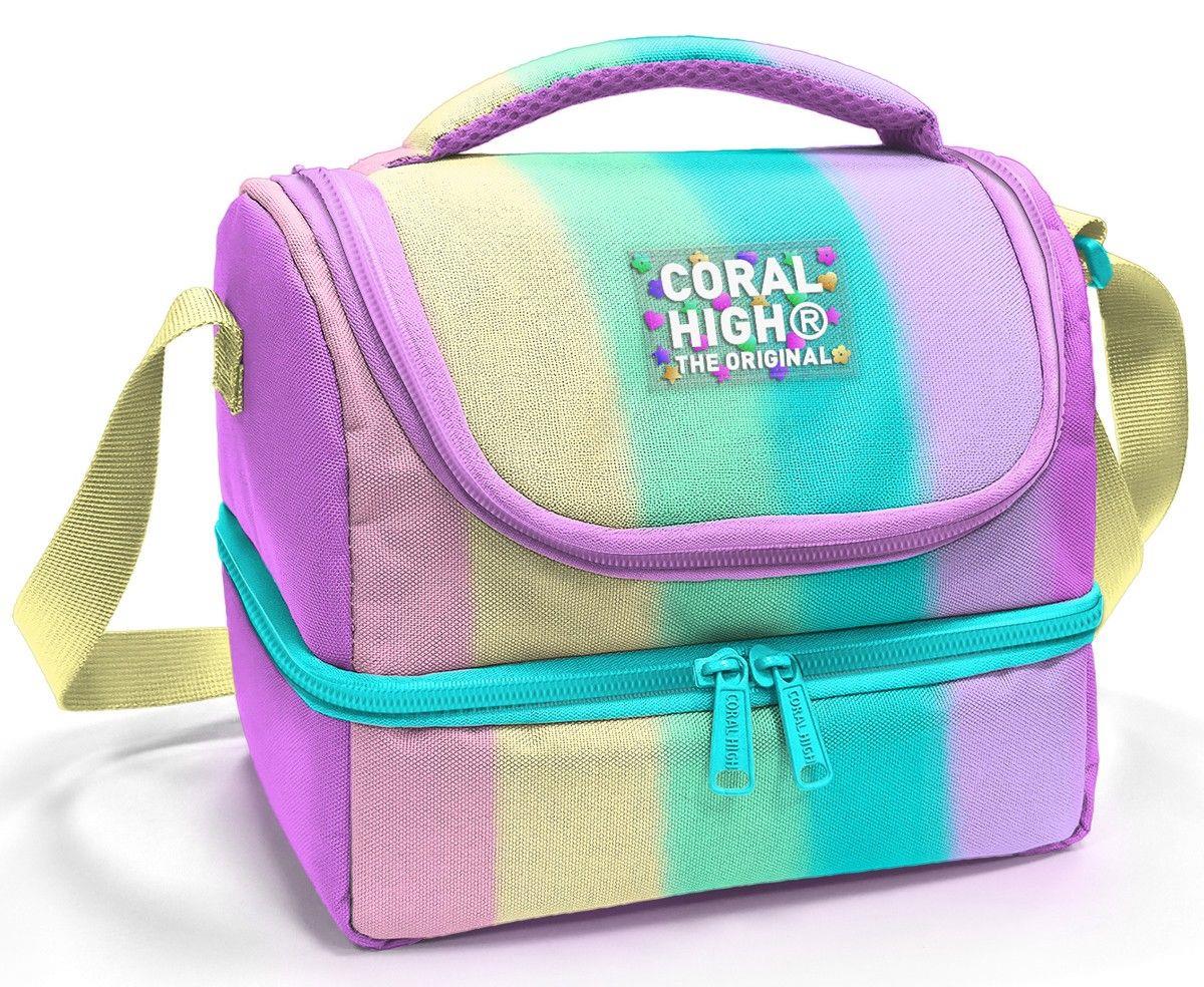 Coral High Kız Çocuk Yeşil Pembe Sarı Çizgi Desenli İki Katlı Okul Beslenme Çantası 37214
