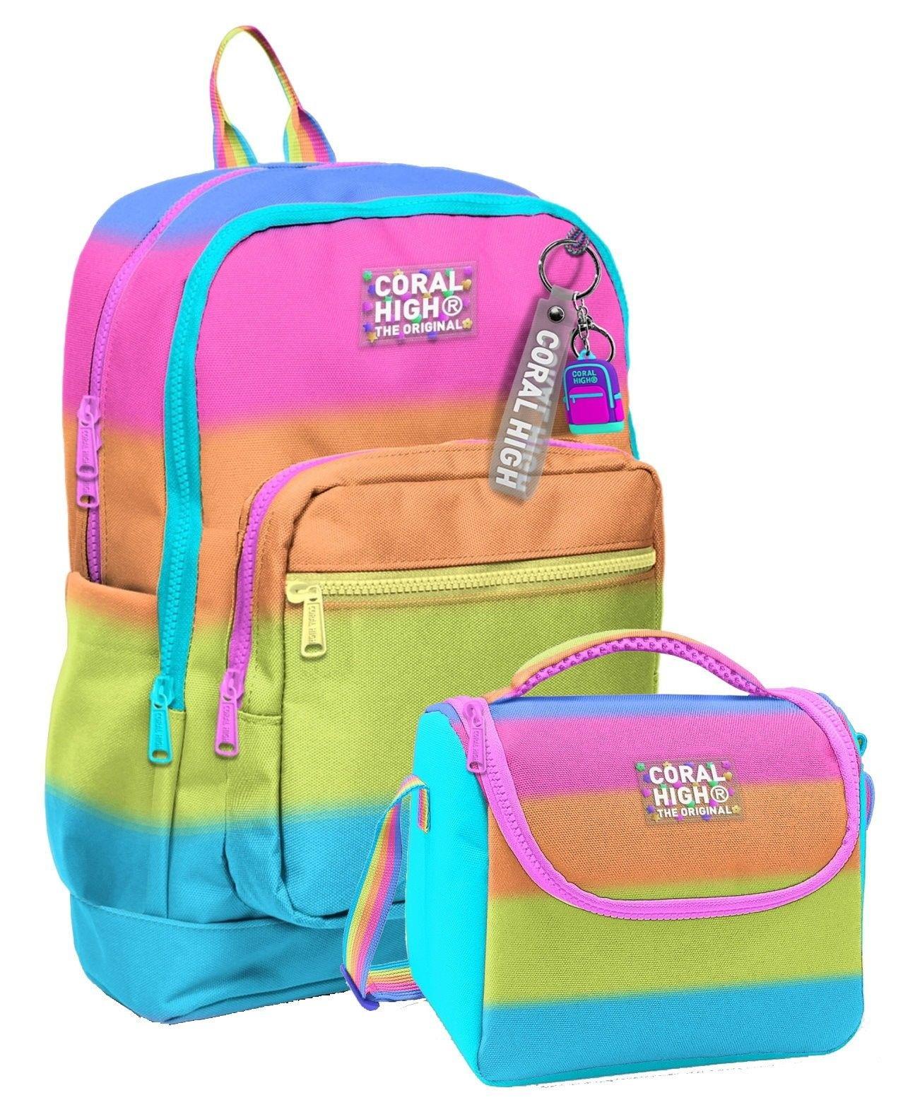 Coral High Kız Çocuklar İçin Dayanıklı İkili İlk Okul Çanta Seti  - Pembe Turuncu Renk Geçişli