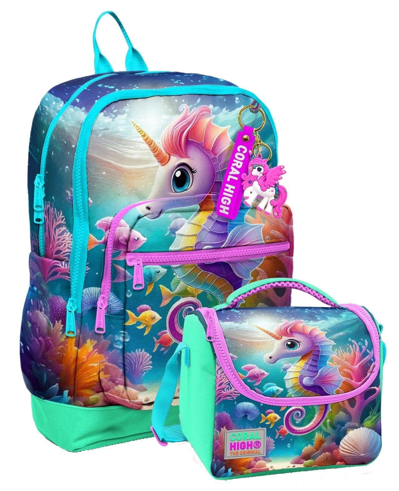 Coral High Kız Çocuklar İçin Dayanıklı İkili İlk Okul Çanta Seti  - Su Yeşili Denizatı