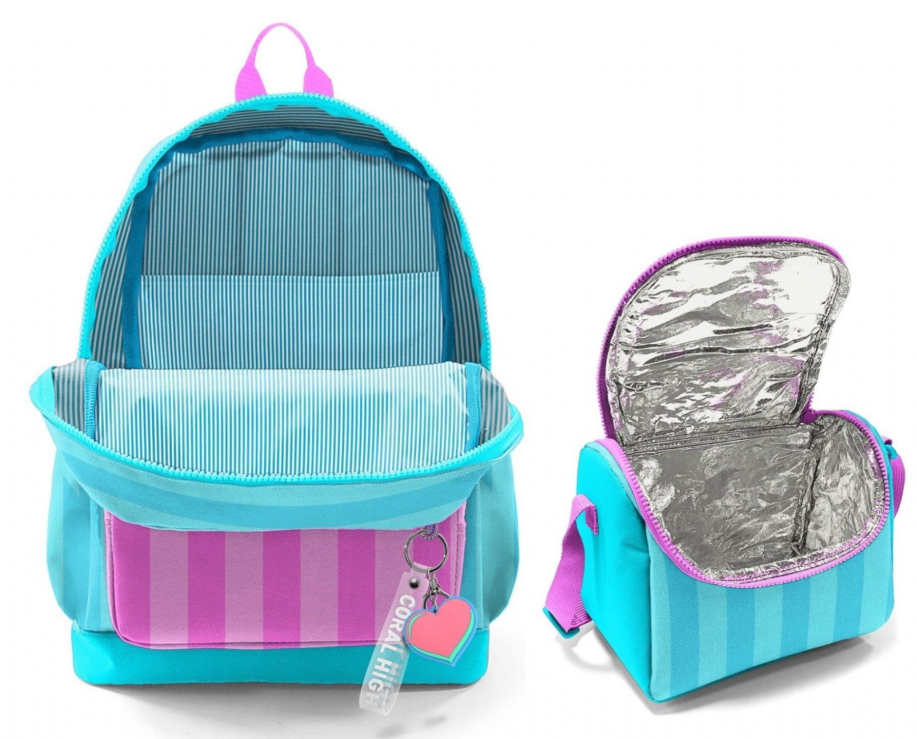 Coral High Kız Çocuklar İçin Dayanıklı İkili İlk Okul Çanta Seti  - Turkuaz Pembe Çizgili