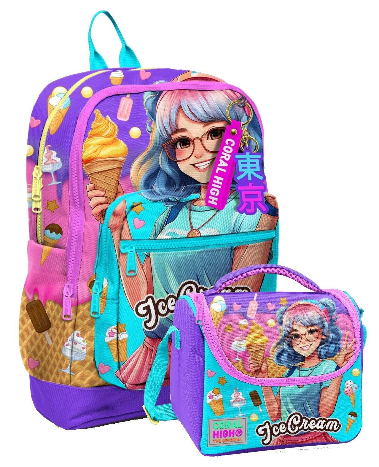 Coral High Kız Çocuklar İçin Dayanıklı İkili İlk Okul Çanta Seti  - Lila Turkuaz Dondurmalı Kız