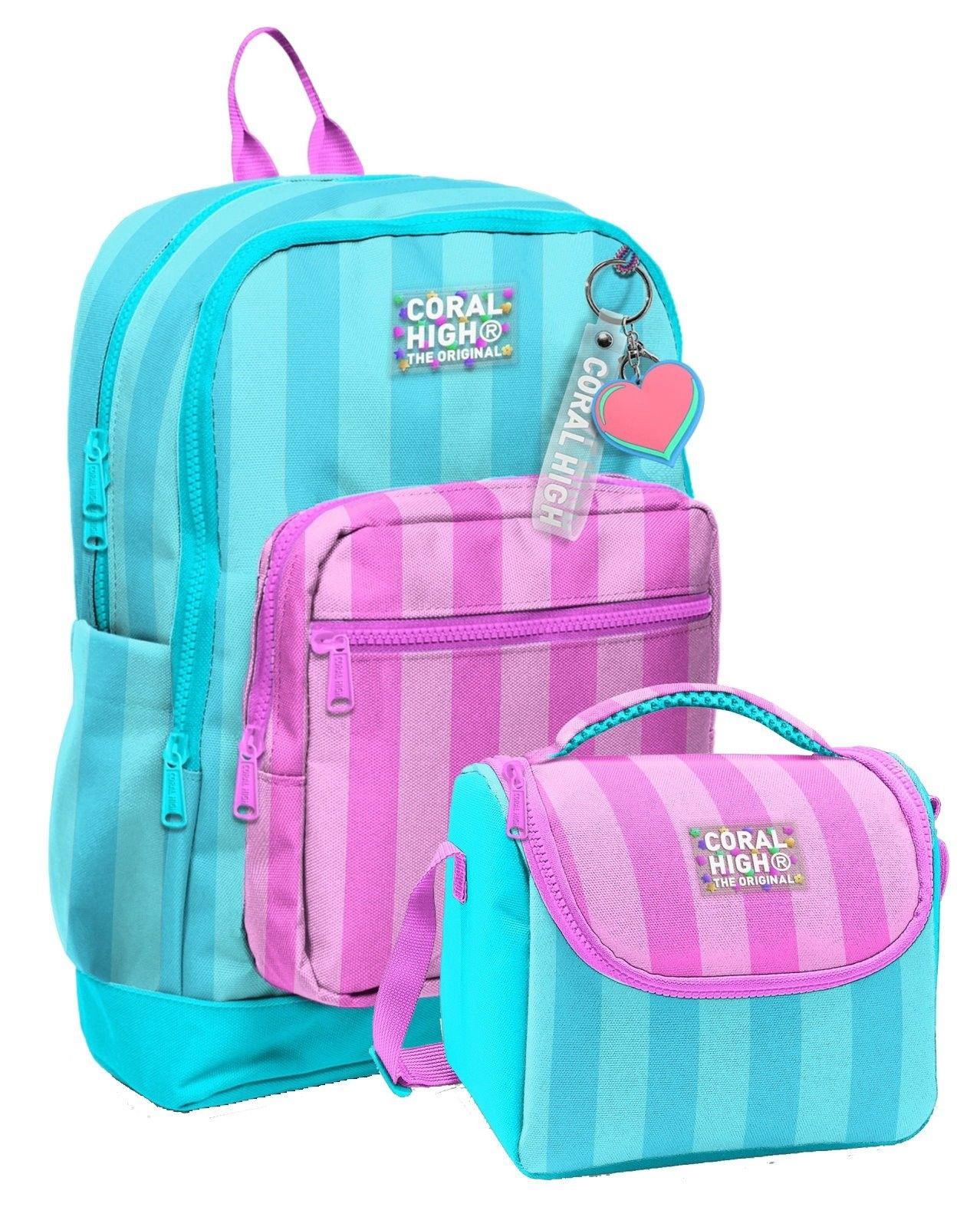 Coral High Kız Çocuklar İçin Dayanıklı İkili İlk Okul Çanta Seti  - Turkuaz Pembe Çizgili