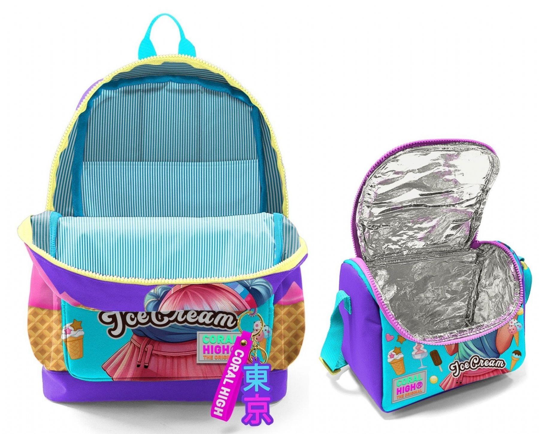 Coral High Kız Çocuklar İçin Dayanıklı İkili İlk Okul Çanta Seti  - Lila Turkuaz Dondurmalı Kız