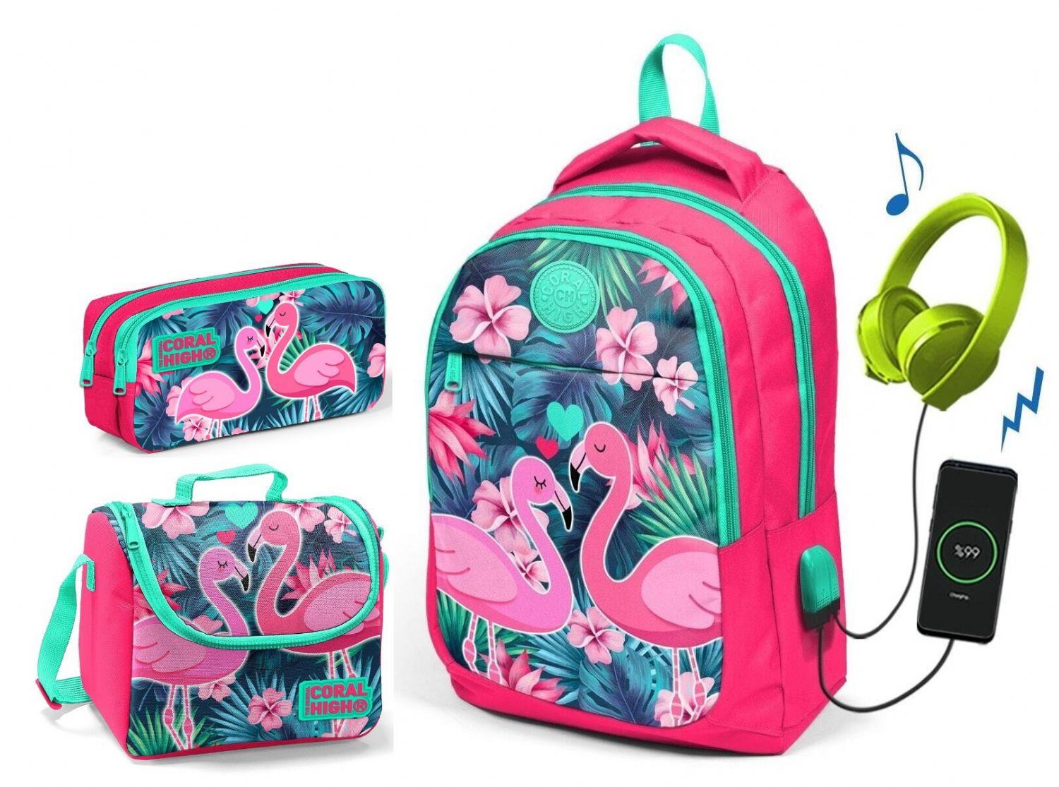 Coral High Kız Narçiçeği Flamingo 3'lü Çanta Takımı - USB Soketli