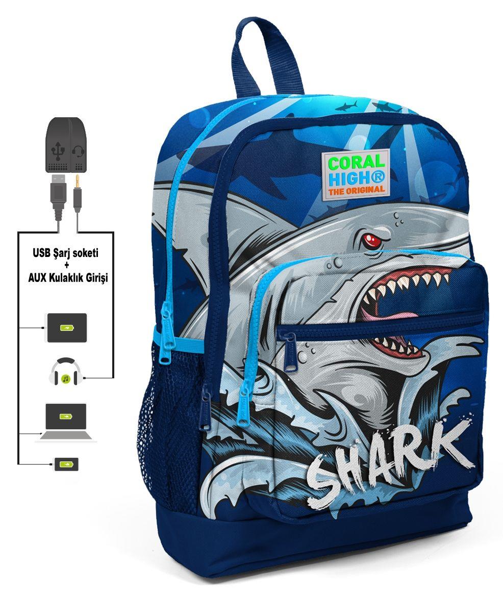 Coral High Köpekbalığı Baskılı Erkek Çocuk İlkokul Çanta Seti - USB Çıkışlı