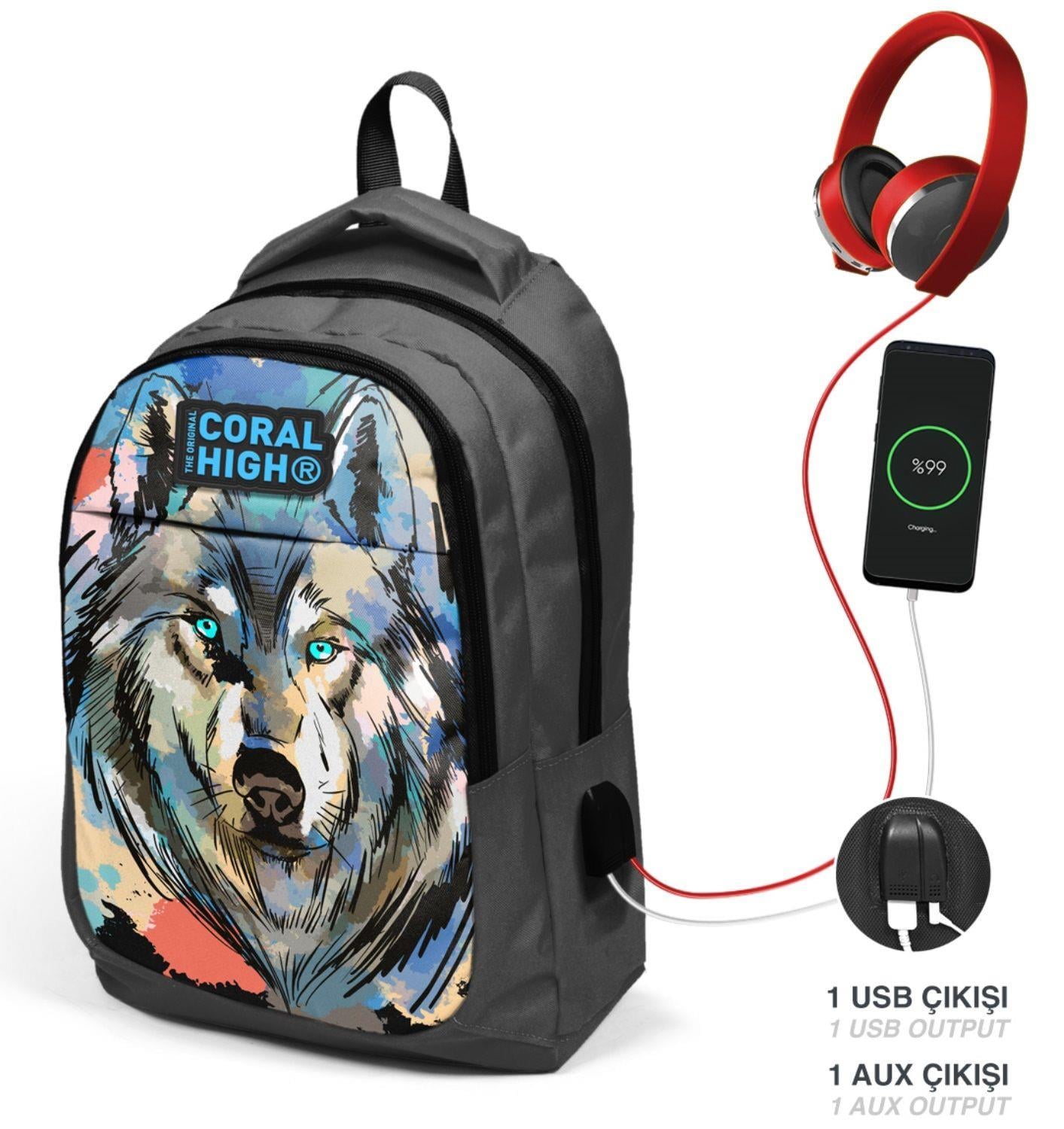 Coral High Kurt Baskılı Erkek Çocuk USB Çıkışlı İlkokul ve Ortaokul Sırt Çantası