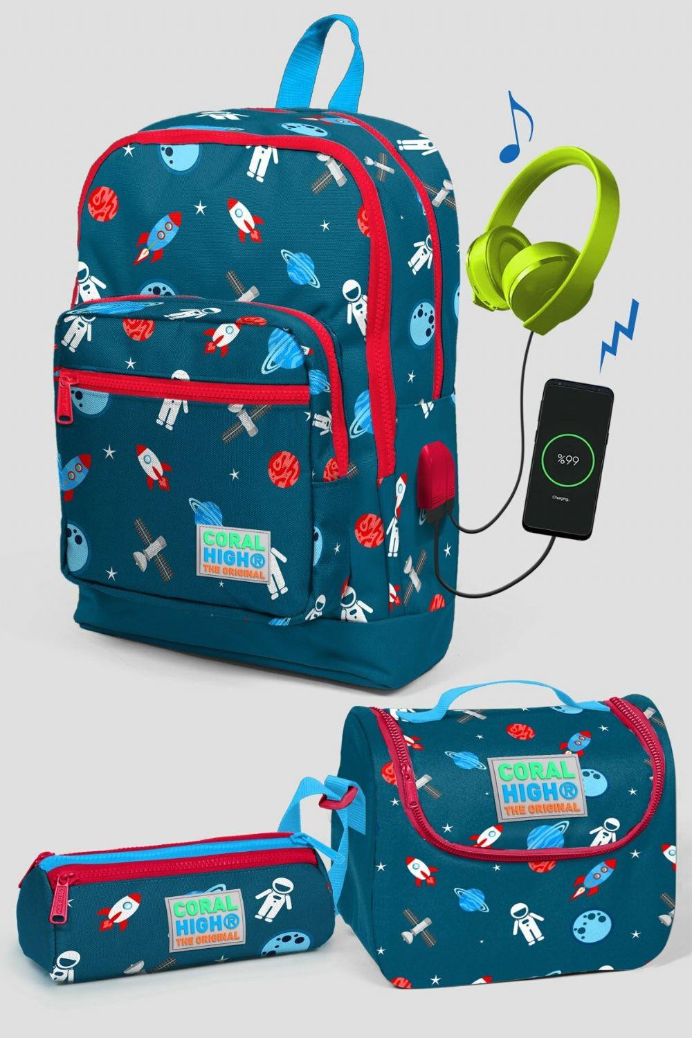 Coral High Lacivert Astronot Desenli Okul Çanta Seti - Erkek Çocuk