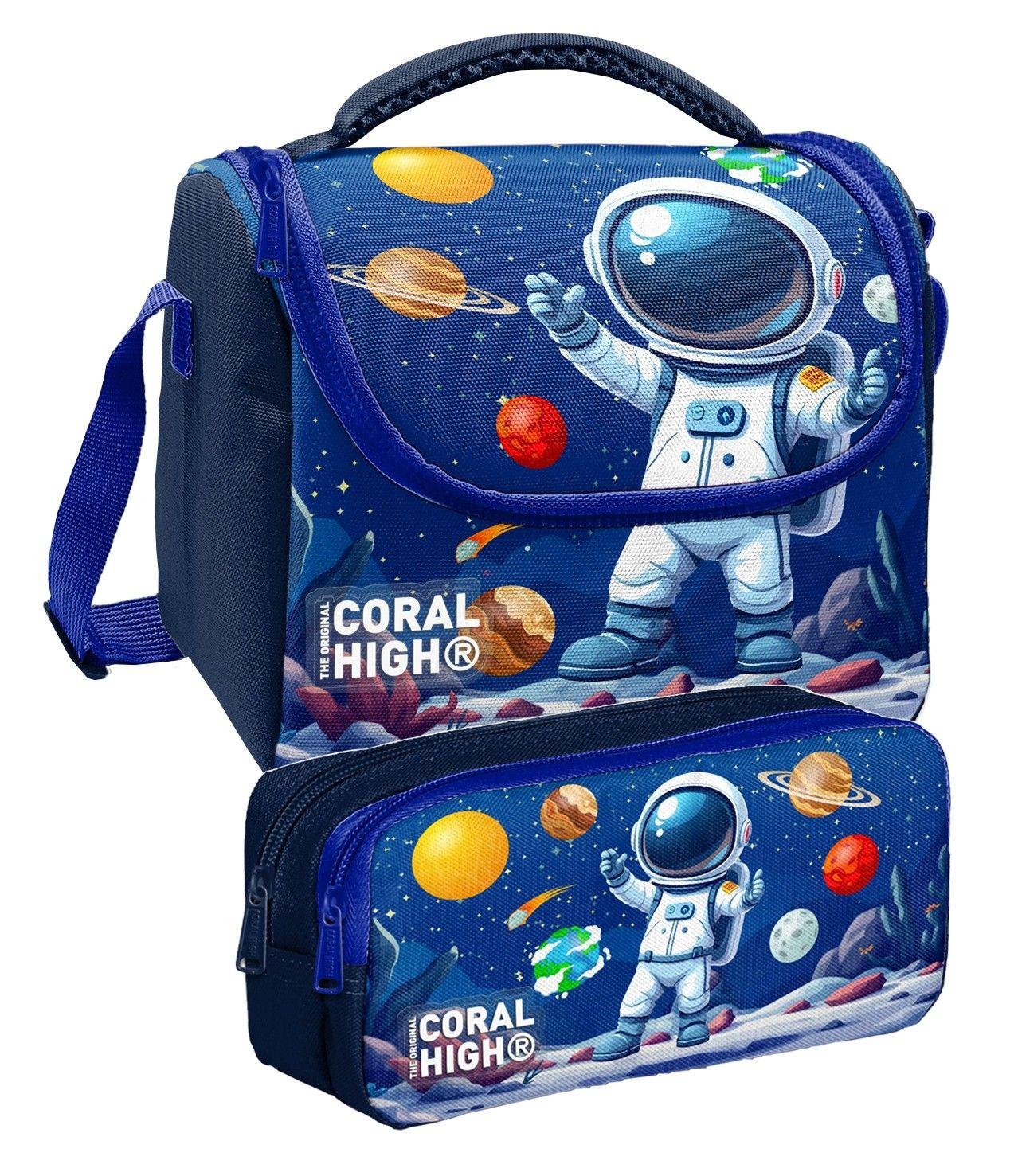 Coral High Lacivert Beyaz Astronot Baskılı Erkek Çocuk Beslenme ve Kalem Çantası Seti (37152+31052)